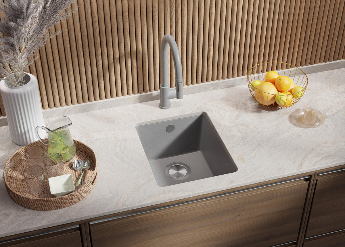 UNTERBAUSPÜLE GRANIT Venedig Easy, 2-er set Grau 36/44 cm 1 Becken + Küchenarmatur 40/20 cm + Ablauf-Set ab 40er Unterschrank - Grau, Kunststoff (36/20/44cm) - Primagran