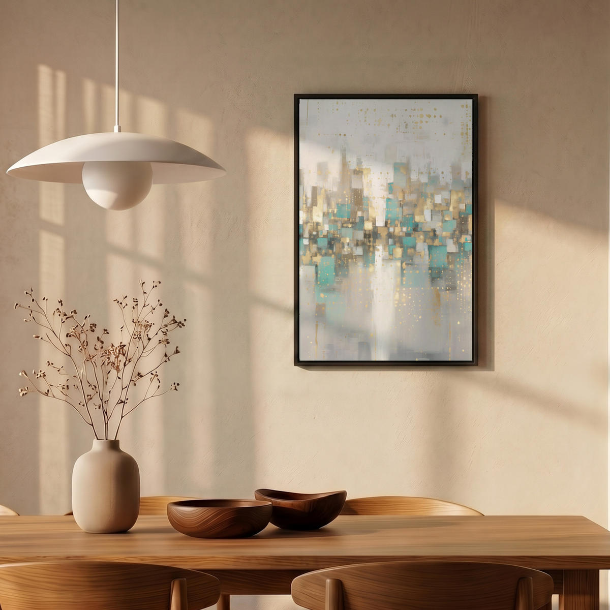 LEINWAND Bilder mit Rahmen - Abstrakt - Blöcke - Gold - Skyline - 40x60 - Beige, Textil (40/60cm) - MuchoWow