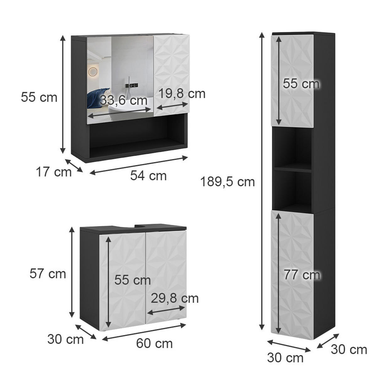 BADMÖBEL-SET Edge Schwarz 3 Teile, mit Hochschrank - Schwarz/Weiß, Holzwerkstoff (60/57/30cm) - Vicco