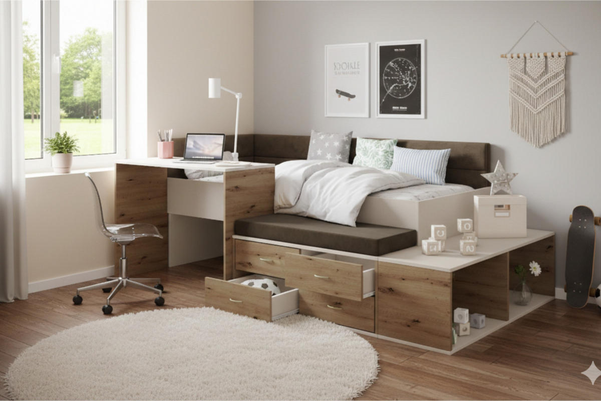 JUGENDBETT AMI 90/200 cm in Kaschmir/Eiche Artisan - Kaschmir/Eichefarben, Holzwerkstoff/Textil (90/200cm) - Deine Möbel 24