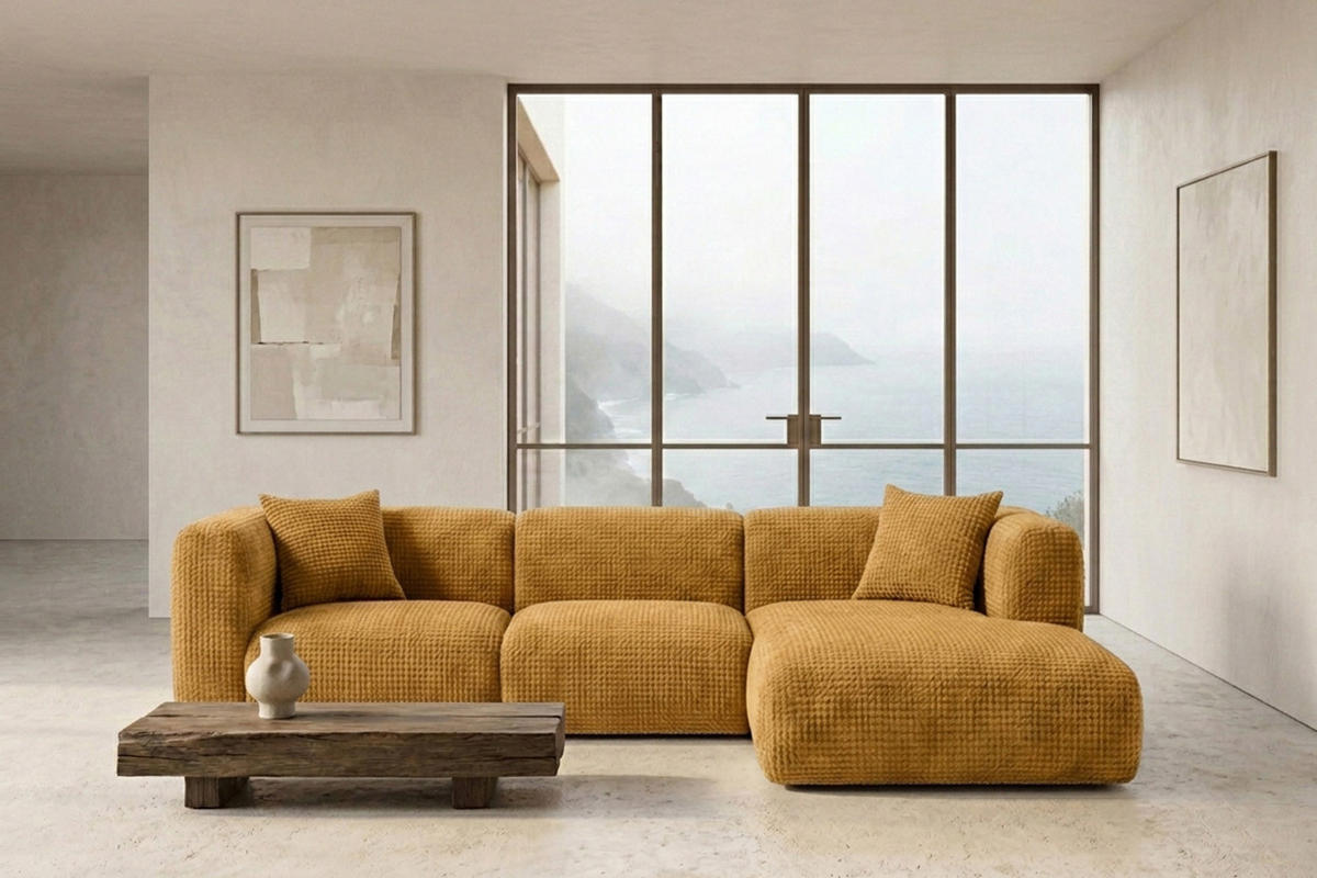 ECKSOFA L-Form, Chenille-Stoff Cremona, Golden, Rechts, GRETA - Goldfarben, Holz (318/179cm) - Kaiser Möbel