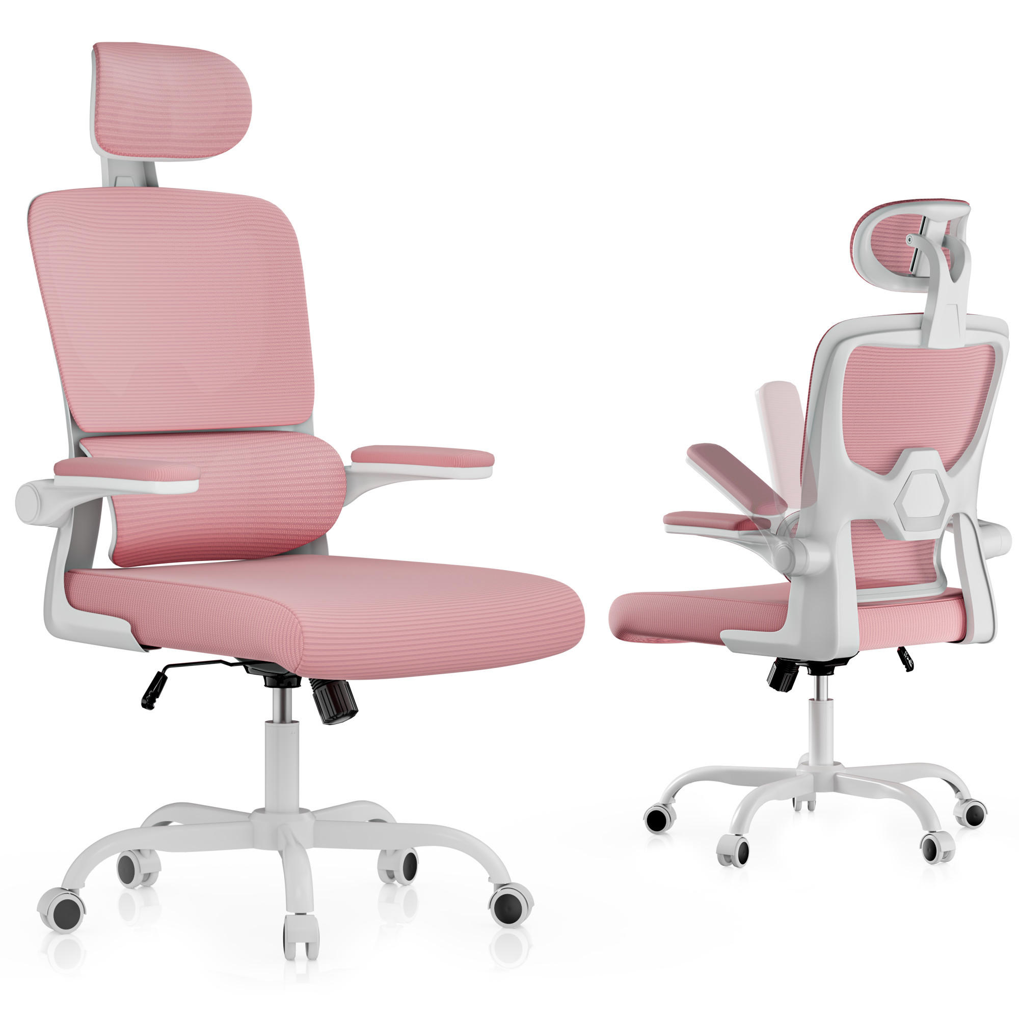 BÜROSTUHL Weiß-Pink ergonomisch mit klappbaren Armlehnen - Pink, Metall (25/52.5/65cm) - Rattrix