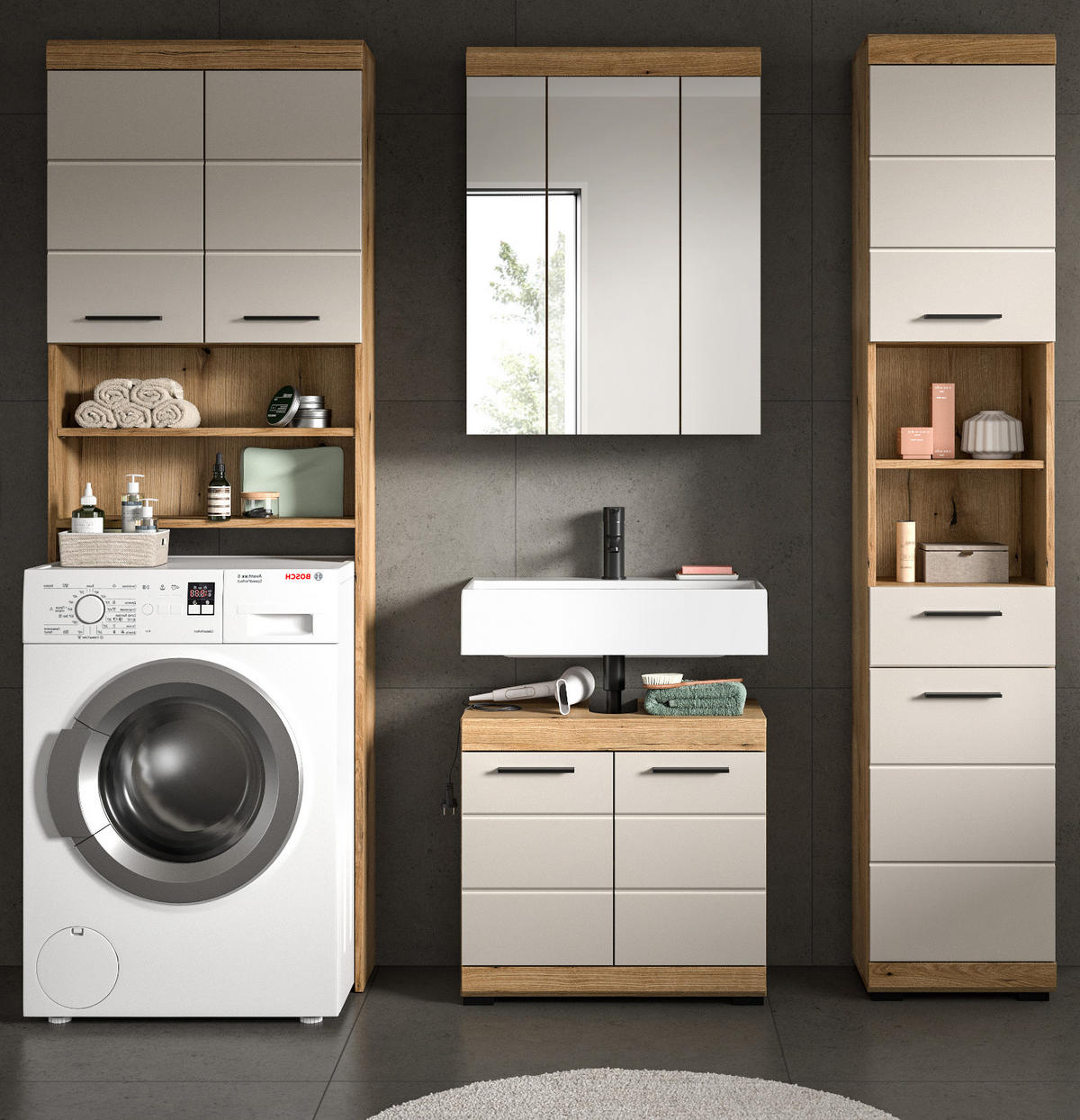 BADMÖBEL-SET Sand Kaschmir, Eiche Evoke, Badkombination 190 4-teilig - Kaschmir/Eichefarben, Glas/Holzwerkstoff (190/191/34cm) - Inn.Furn