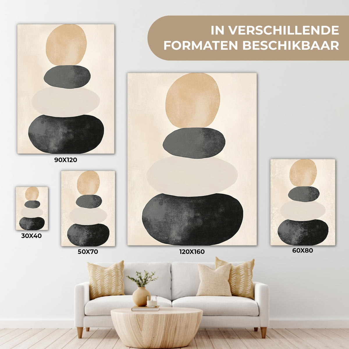 LEINWANDBILD Japandi - Wabi sabi - Beige Wandbild Wohnzimmer 60x80 cm - Taupe, Textil (60/80cm) - MuchoWow