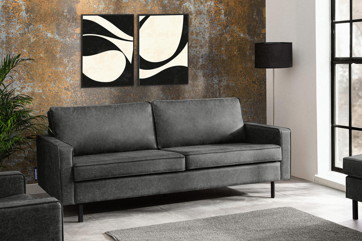 3-SITZER-SOFA INVIA Klassische-Stil mit Armlehnen, Lederoptik-Stoff, dunkelgrau - Dunkelgrau/Schwarz, Textil (209/87/98cm) - KONSIMO®