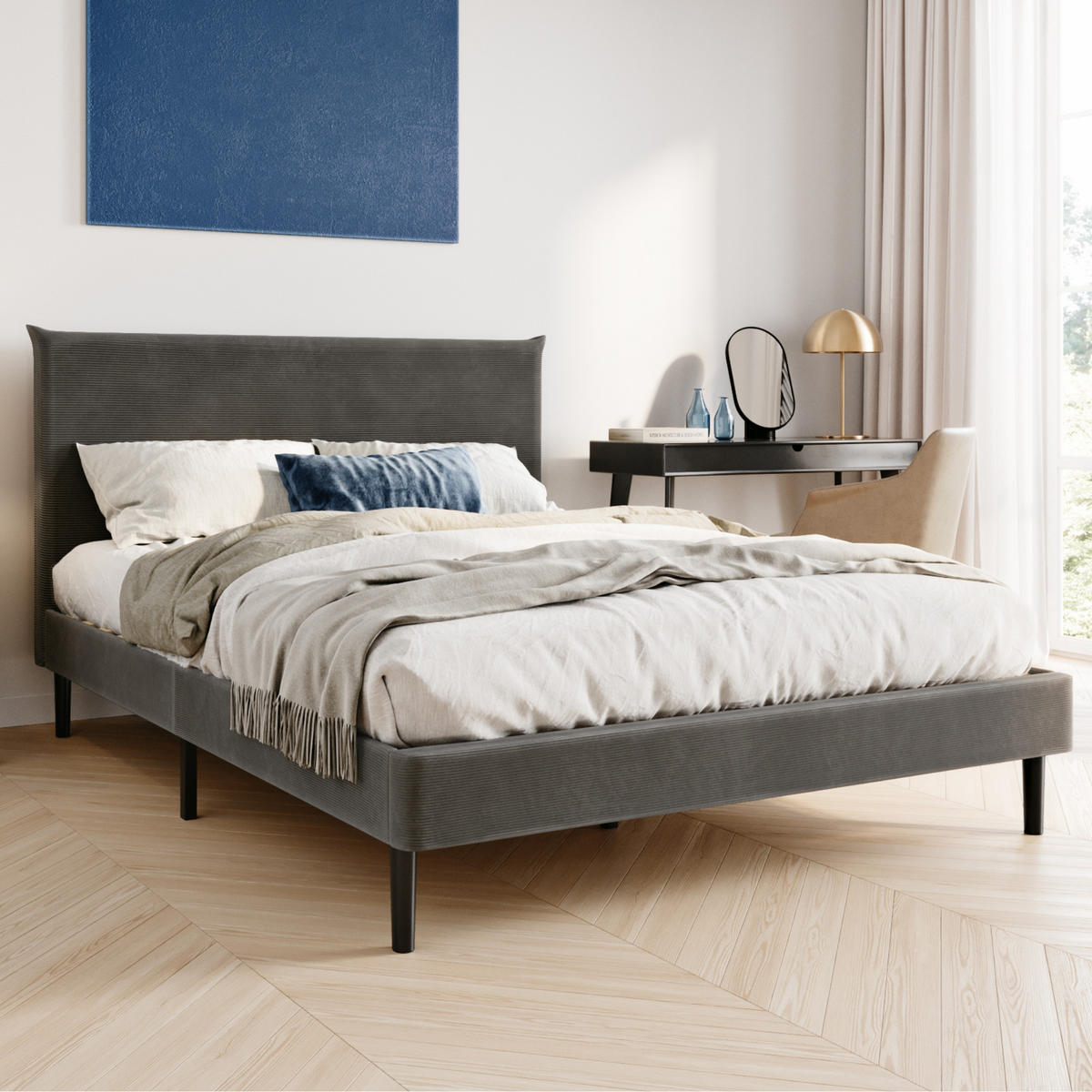 POLSTERBETT 140x200 cm Grau cord - Grau, Textil (140/200cm) - Home Collective