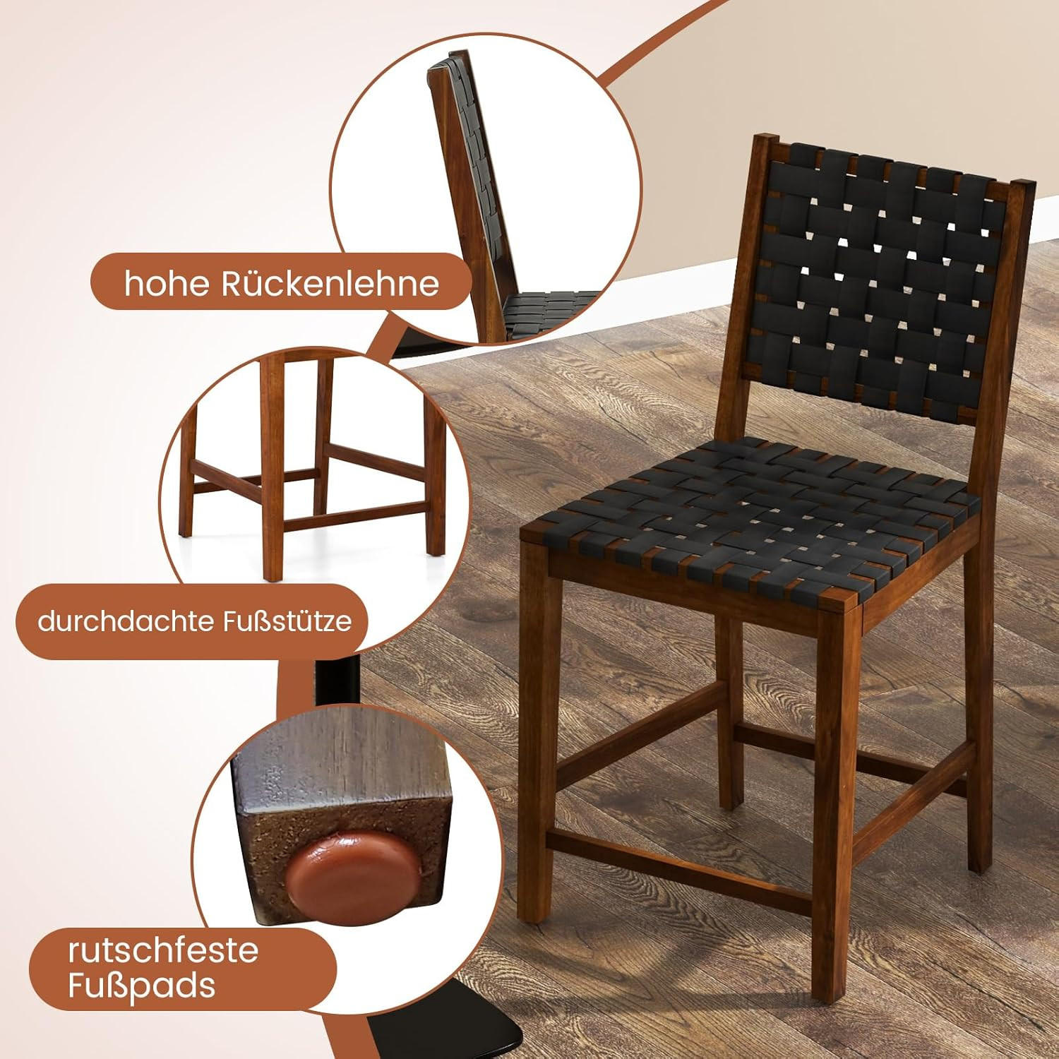 BARHOCKER mit Rückenlehne Braun(2er-Set) - Braun, Holz (59/101/52cm) - COSTWAY
