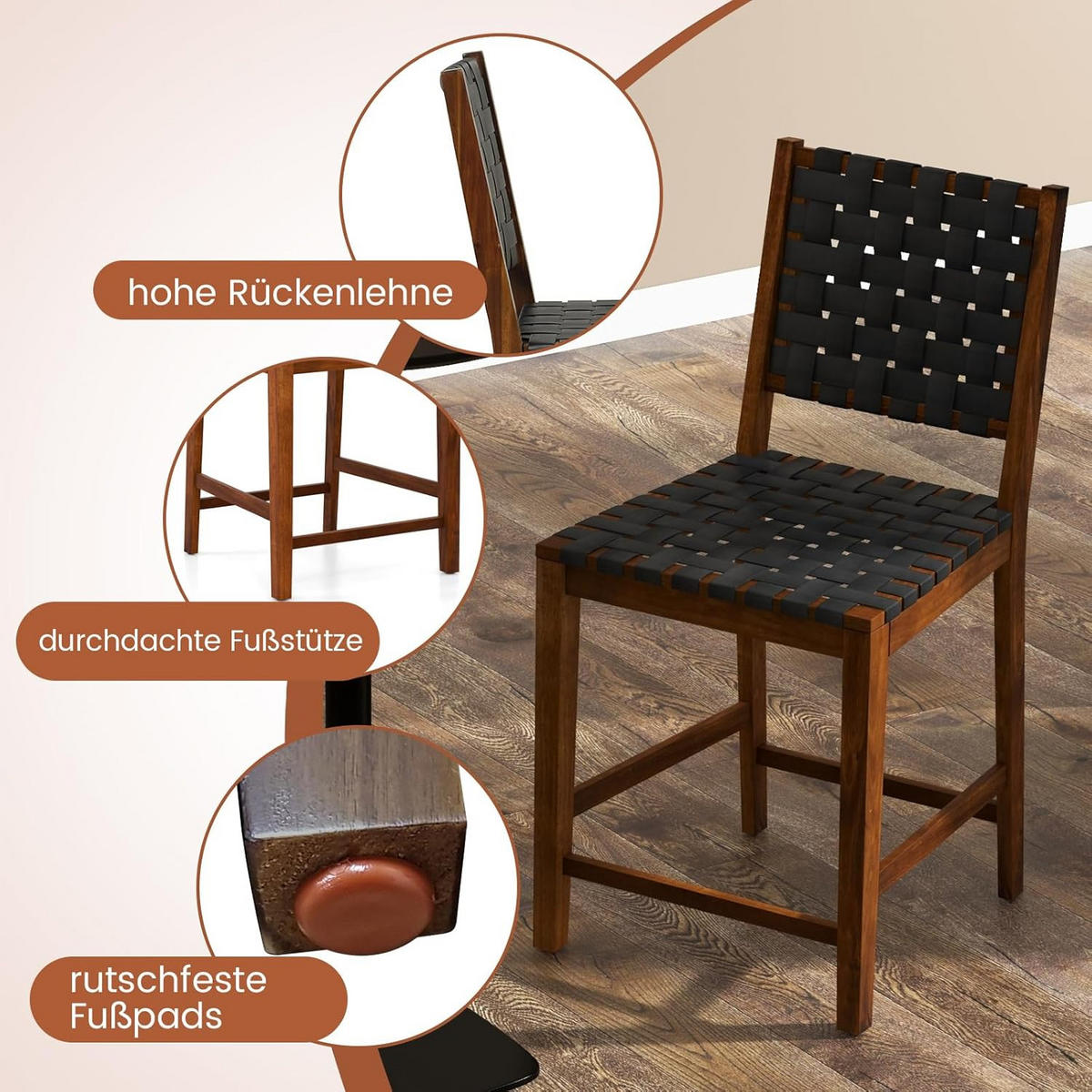 BARHOCKER mit Rückenlehne Braun(2er-Set) - Braun, Holz (59/101/52cm) - COSTWAY