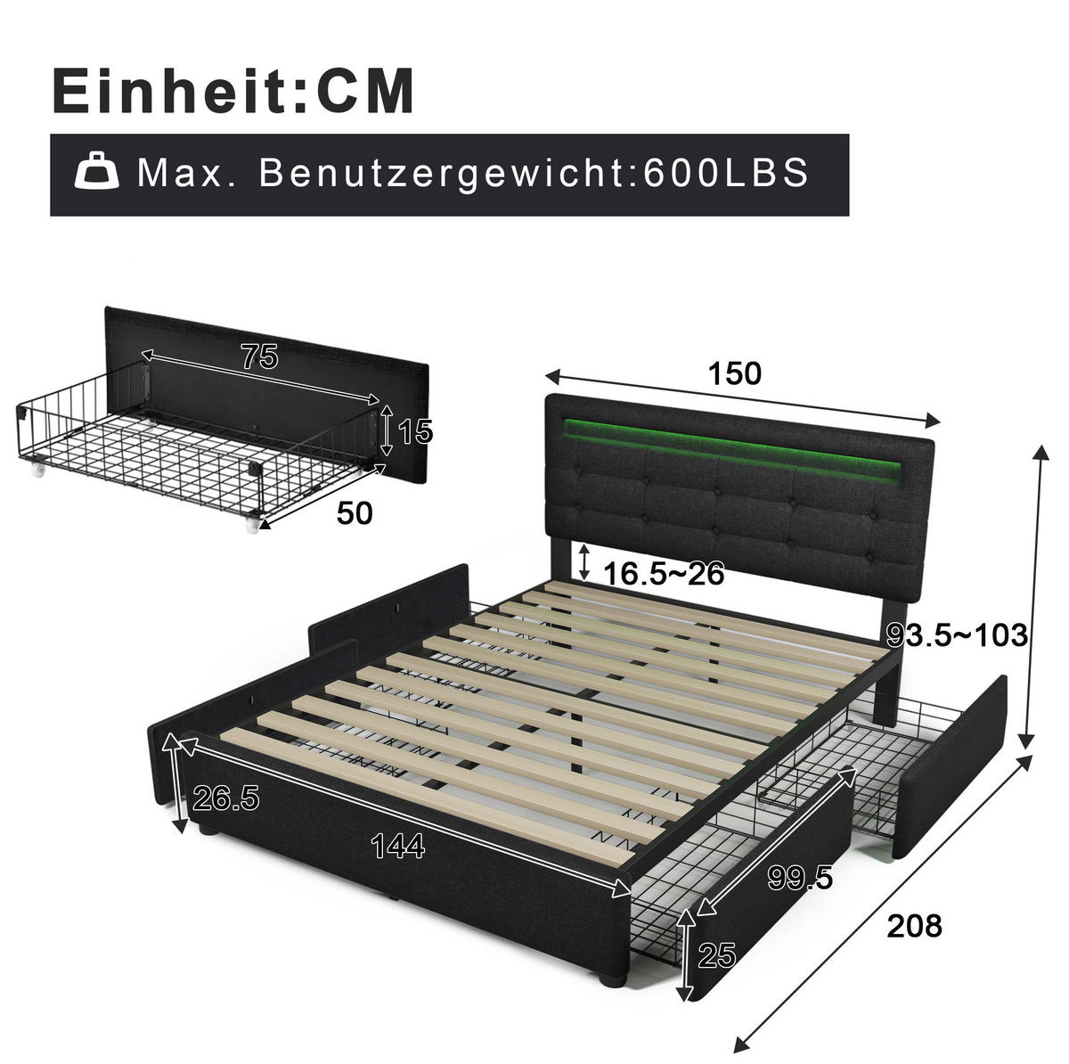 BETT mit LED und 4 Schubladen 140x200 cm Leinen Schwarz inkl. Matratze - Schwarz, Metall (140/200cm) - Meubliv