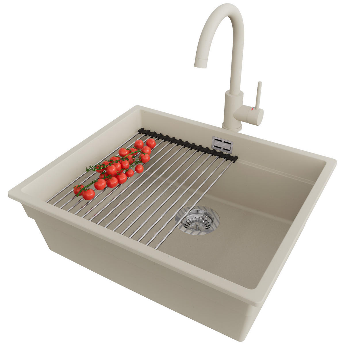 GRANITSPÜLE Praga Slim, 2-er set Beige 56/47 cm 1 Becken + Küchenarmatur 32/20 cm + Ablauf-Set + Aufrollbare Abtropffläche ab 60er Unterschrank - Chromfarben/Beige, Kunststoff (56/20/47cm) - Primagran