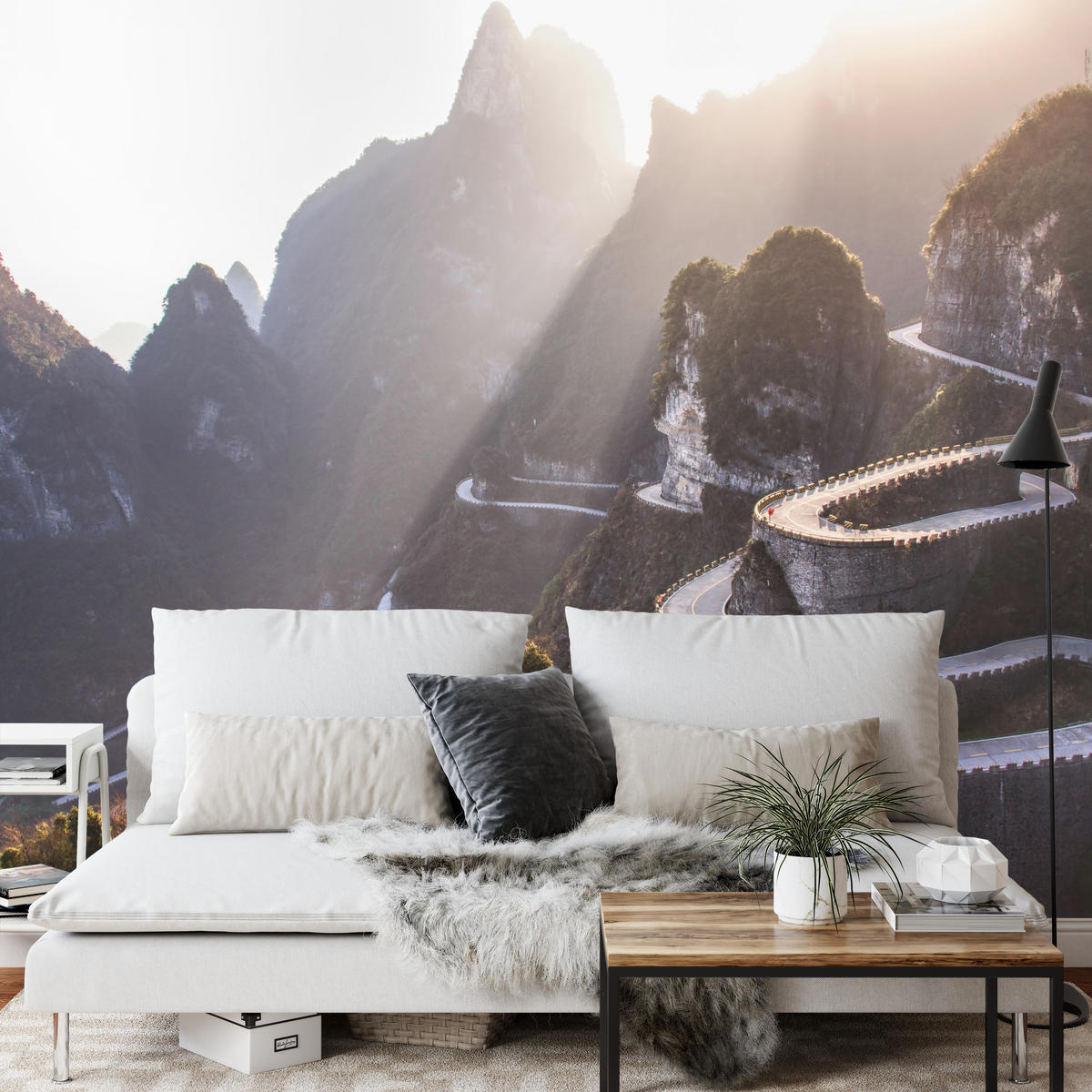 FOTOTAPETE für Wohnzimmer Felsige Bergstraße Sonnenuntergang 400x280 - Beige/Gelb, Papier (400/280cm) - Muralo