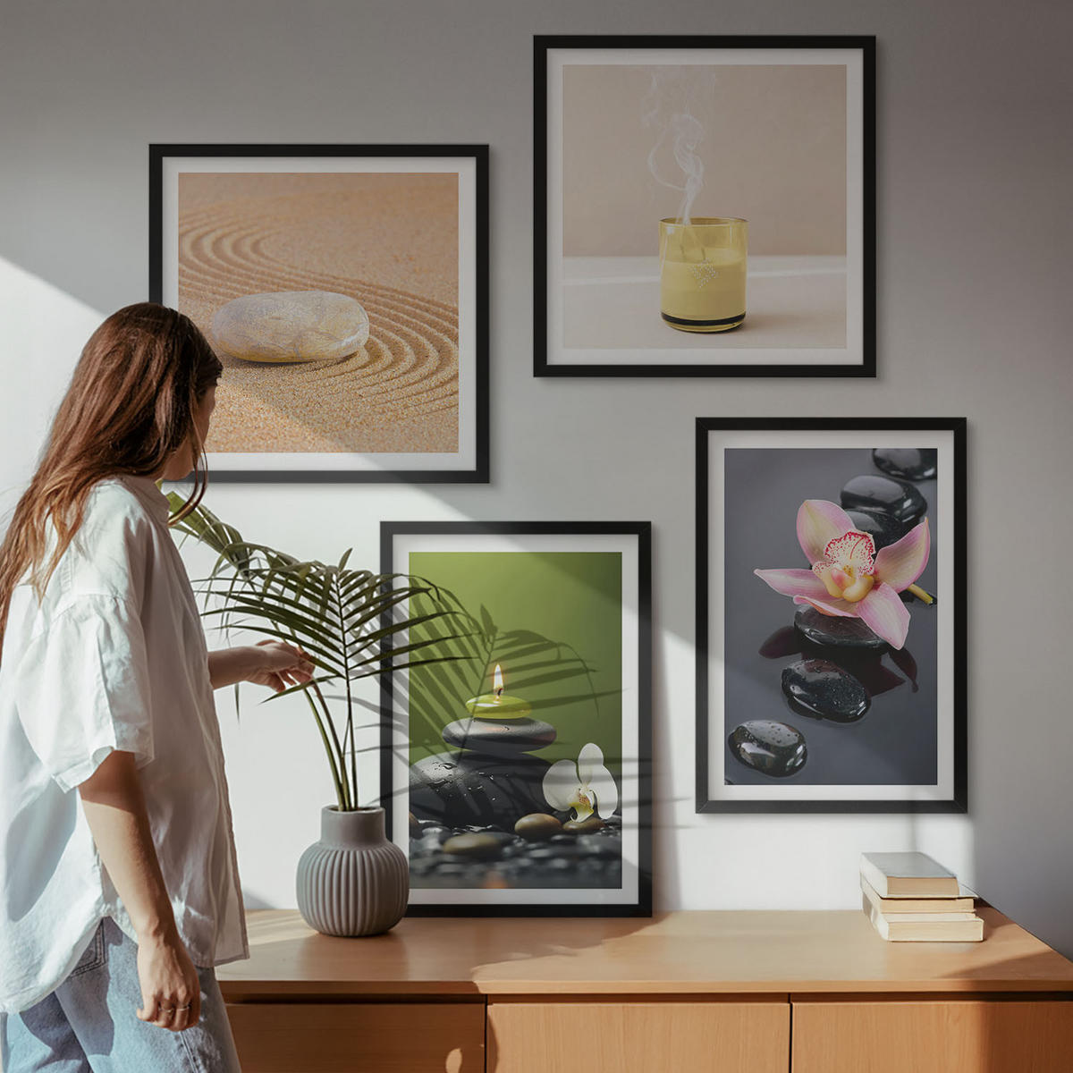 BILDER SET 4er Set - 50x50 cm & 40x60 cm Schwarzer Rahmen - Entspannende Zen-Steine für inneren Frieden - Schwarz, Kunststoff (50/50cm) - TULUP