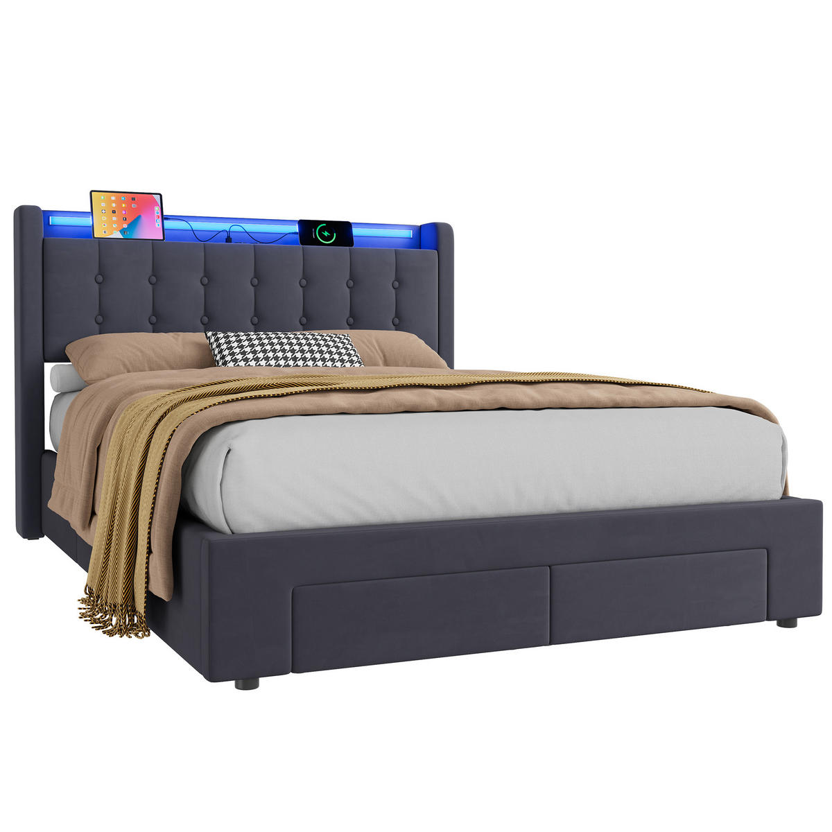 POLSTERBETT 140x200 cm mit Bettkasten und Schubladen,mit LED-Beleuchtung,Grau - Grau, Holzwerkstoff/Textil (140/200cm) - EVRYAE