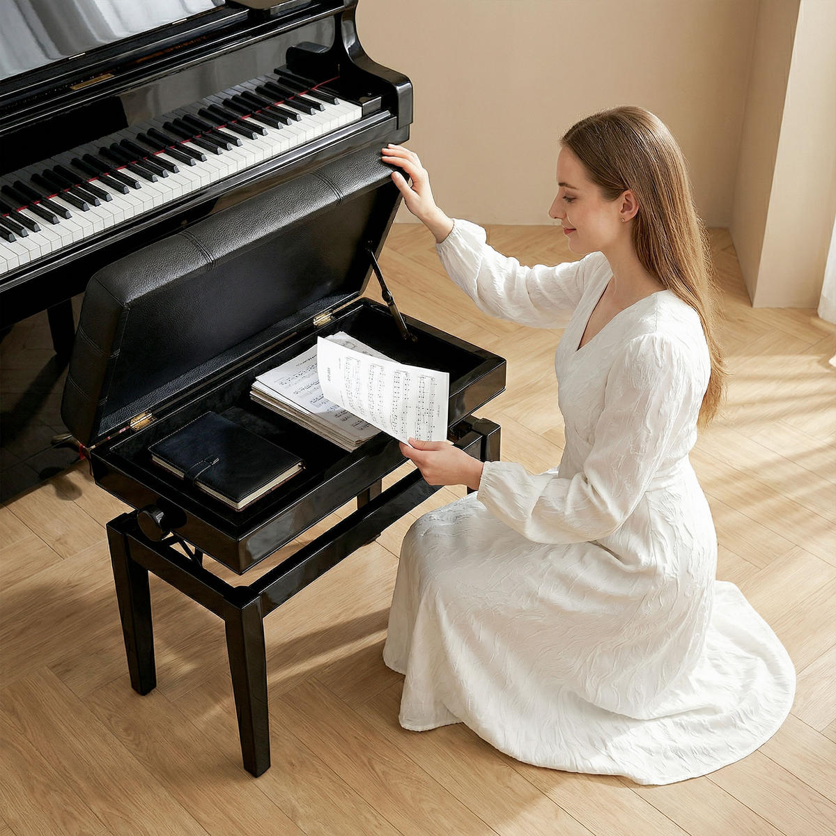 HOCKER DE-16370 höhenverstellbar mit integriertem Fach Schwarz - Schwarz, Metall (35/56/63cm) - ComfortXL