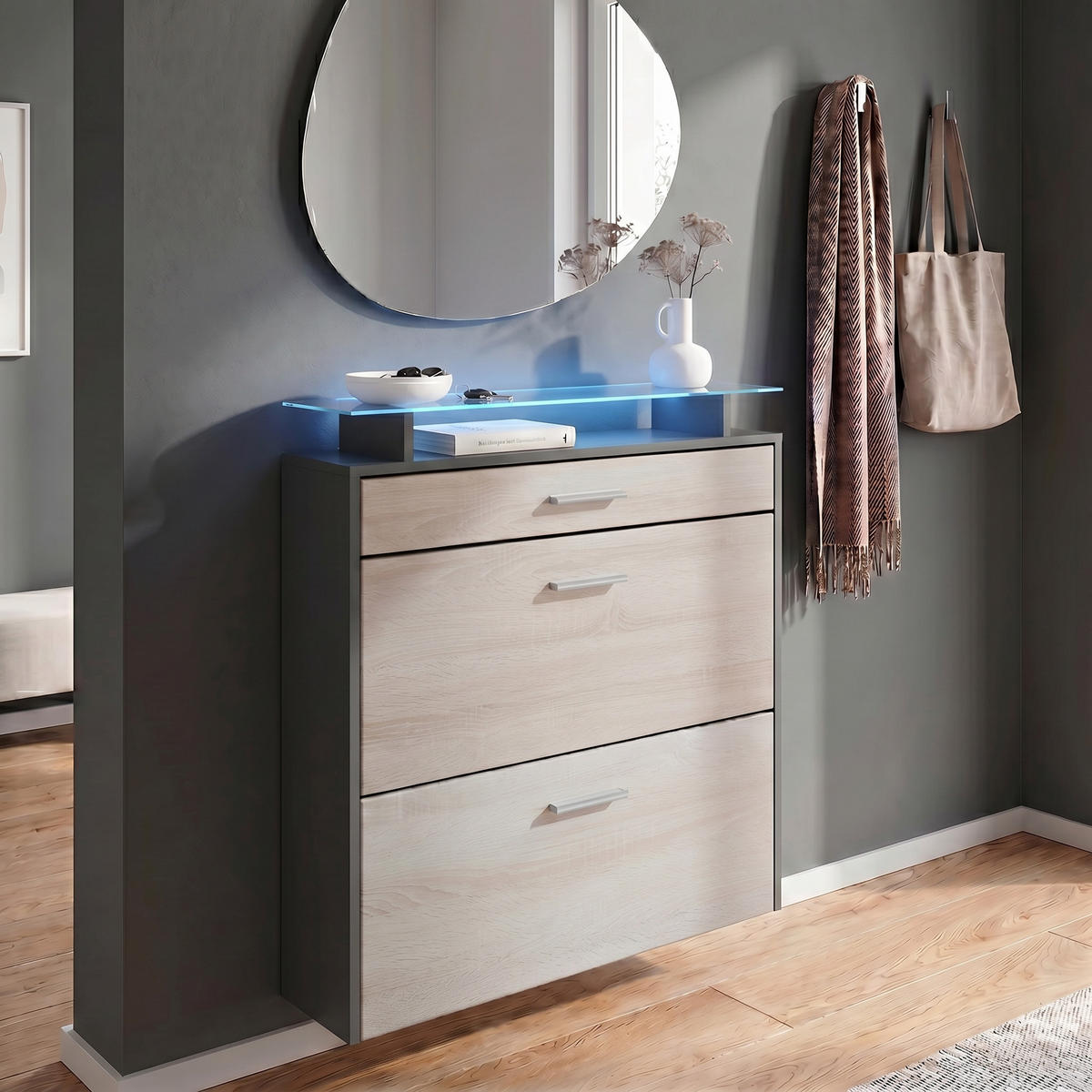 SCHUHSCHRANK Malea Fronten in Eiche sägerau - Eiche San Remo, Holzwerkstoff (89/96/23cm) - Vladon