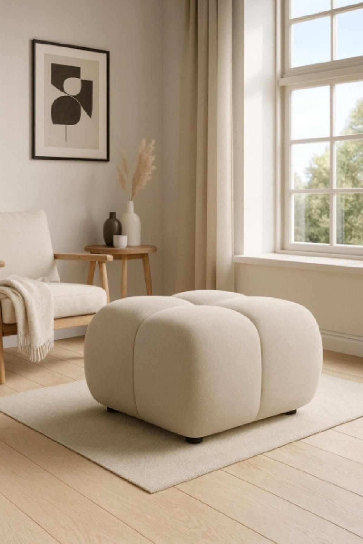 POUF Beige Mila Mit Steppungen Auf Schwarzen Niedrigen Beinen - Beige, Textil (72/43.5/72cm) - Sepro Meble