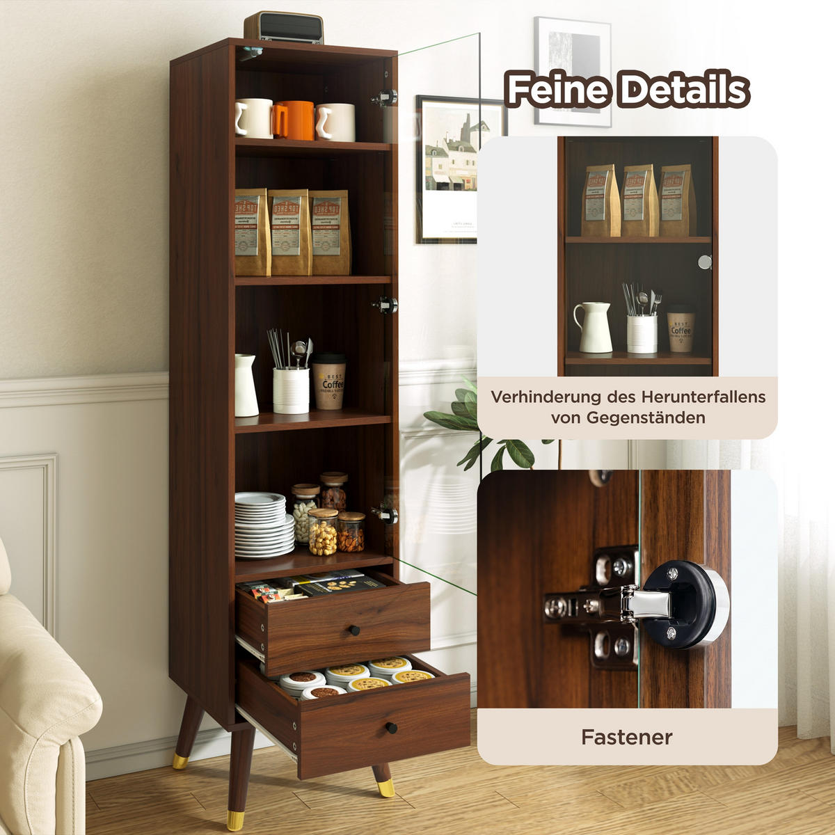 VITRINE in Walnussfarben mit Glastür und 2 Schubladen für Wohnzimmer, B39,8/T35/H160 cm - Transparent/Walnussfarben, Glas/Holzwerkstoff (39.8/160/35cm) - STILVORA