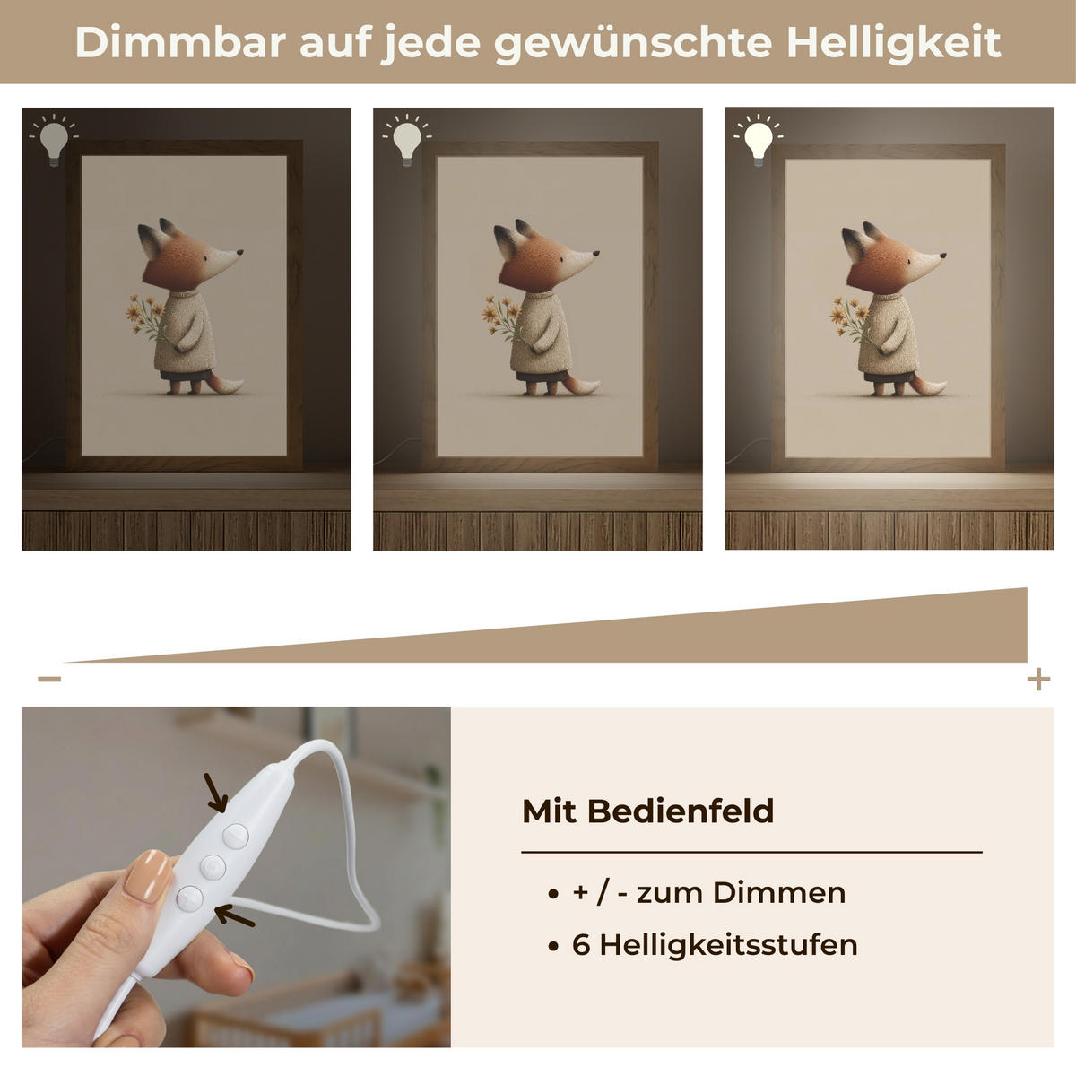NACHTTISCHLAMPE Fuchs - Gelbe Blumen - Minimalistisch 20x30 cm - Taupe, Holzwerkstoff (8/20/30cm)