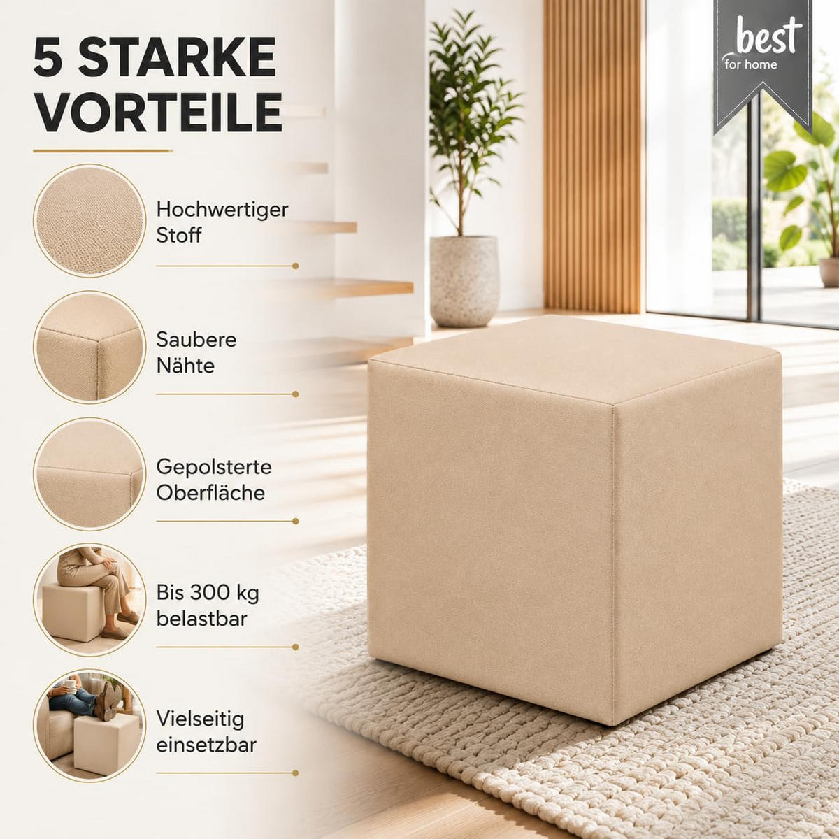 SITZWÜRFEL / Siège Pouf - Beige, 40X40X40 Cm, Assise Rembourrée, Confortable Pour Salon, Chambre Ou Bureau - Beige, Textil (41/41/40cm) - Best For Home