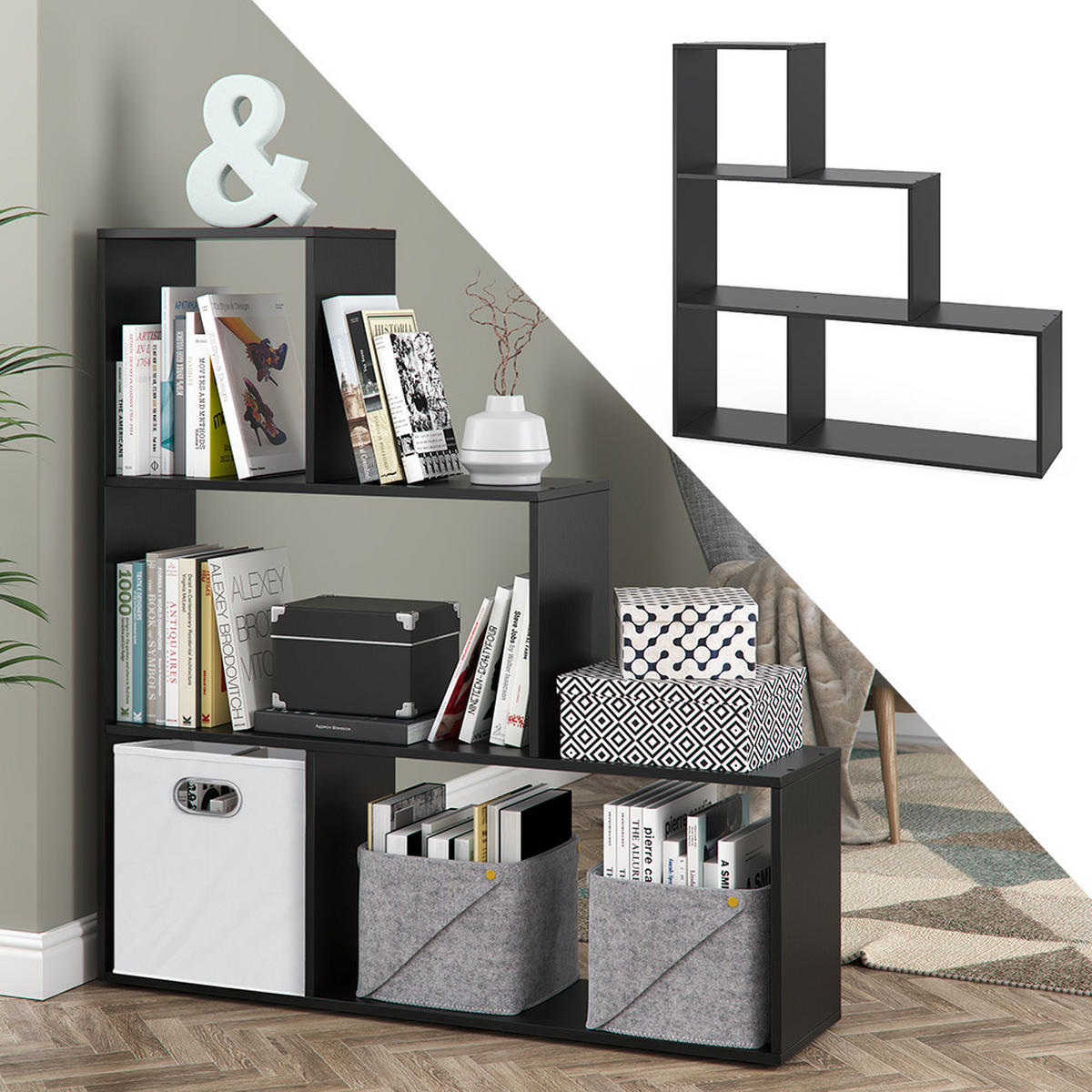 TREPPENREGAL Schwarz 116.8 x 123.2 cm - Schwarz, Holzwerkstoff (116.8/123.2/29cm) - Vicco