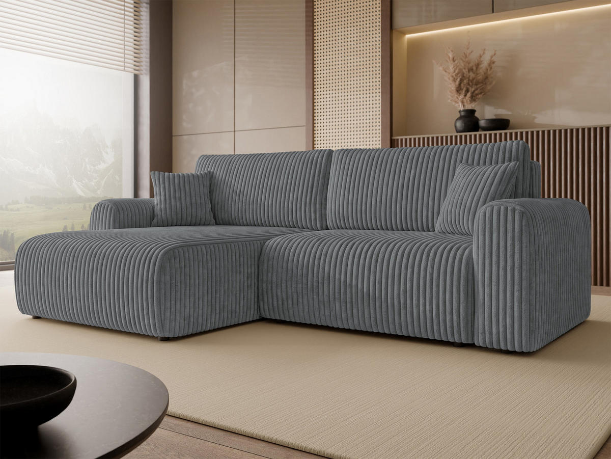 ECKSCHLAFSOFA Floryn L Cord Bis - Schwarz/Grau, Holz/Kunststoff (245/145cm) - MIRJAN24