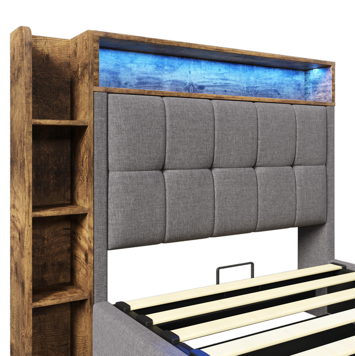 POLSTERBETT mit Stauraum, USB und LED 90x200 cm Leinen Grau - Grau, Metall (90/200cm) - Meubliv