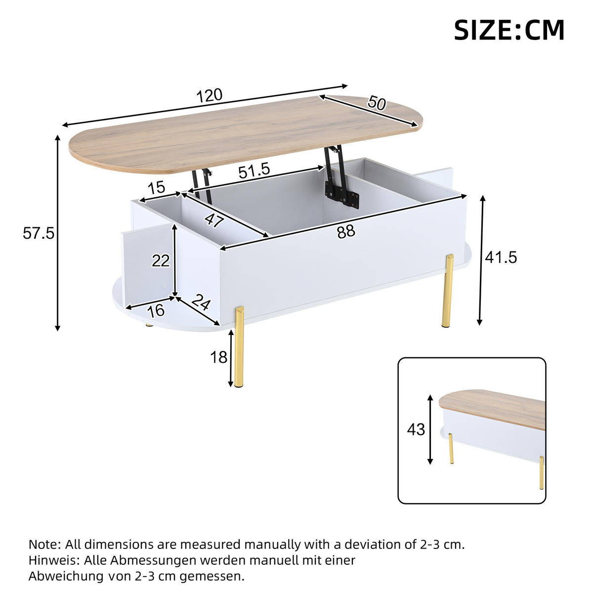 COUCHTISCH 120/50/43 cm weiß aus MDF mit höhenverstellbarer Tischplatte und Stauraum - Weiß, Holzwerkstoff (120/50/43cm) - OKMYHOME