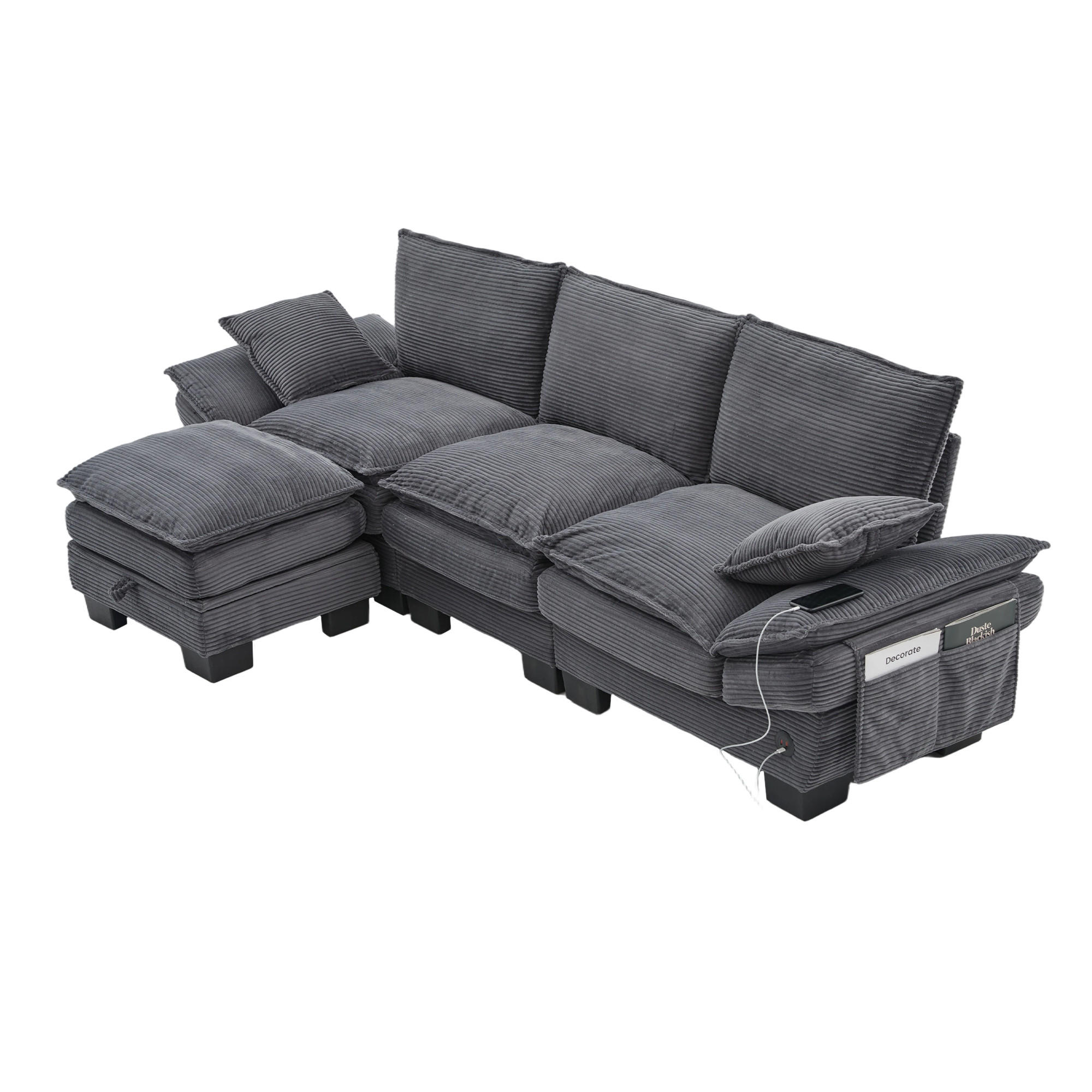 3-SITZER Sofa aus Cord 260x132x84 cm mit USB-C & Hocker, dunkelgrau - Dunkelgrau, Textil (132/84/260cm)