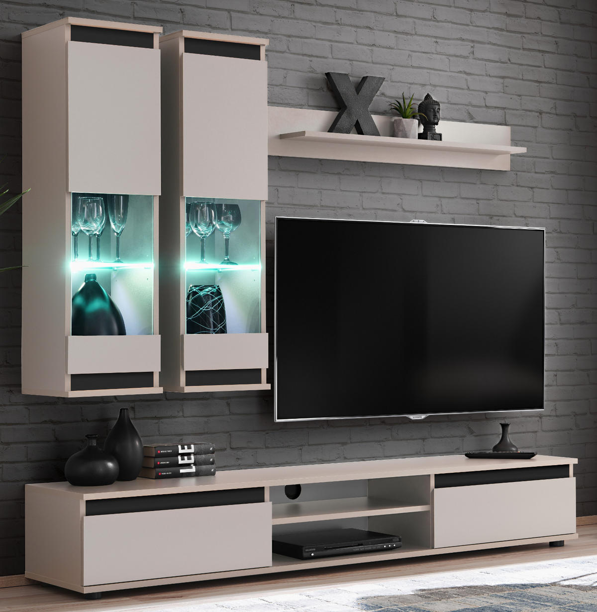 WOHNWAND Kaschmir, schwarz 4-teilig 175 cm, Schrankwand mit LED-Beleuchtung - Kaschmir/Schwarz, Glas/Holzwerkstoff (175/150/37cm) - Inn.Furn