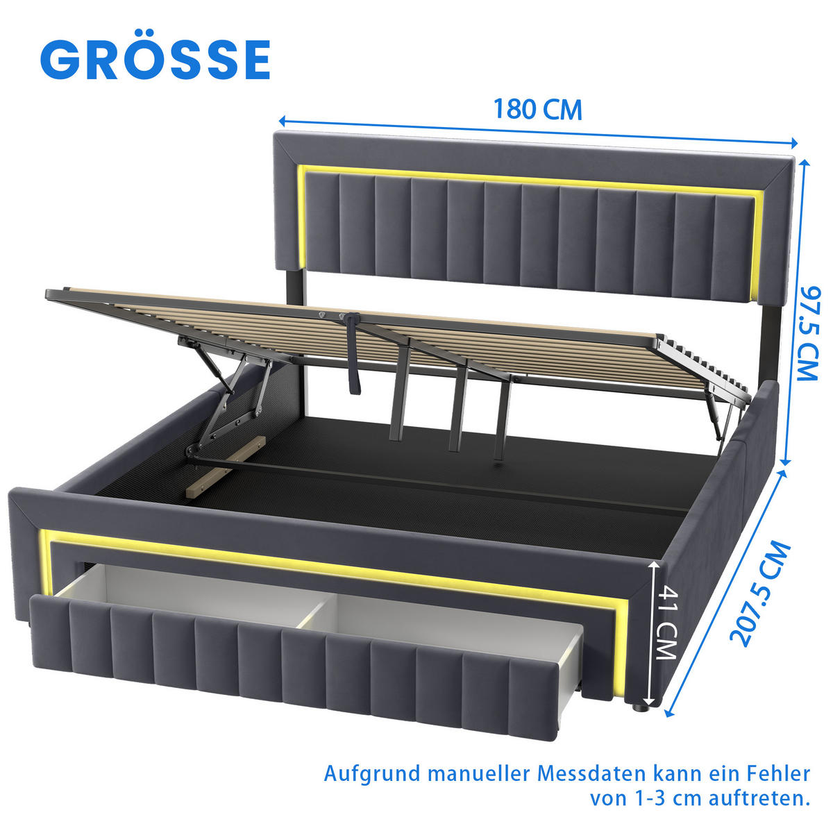 POLSTERBETT 180/200 cm in Grau, mit Bettkasten und Schubladen , mit LED, ohne Matratze - Grau, Holzwerkstoff/Textil (180/200cm) - WISHDOR