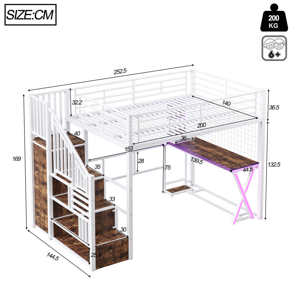 HOCHBETT 140/200 cm mit LED-Leuchten, Ablageleiter und Schreibtisch, Weiß - Weiß, Metall (140/200cm) - OKWISH
