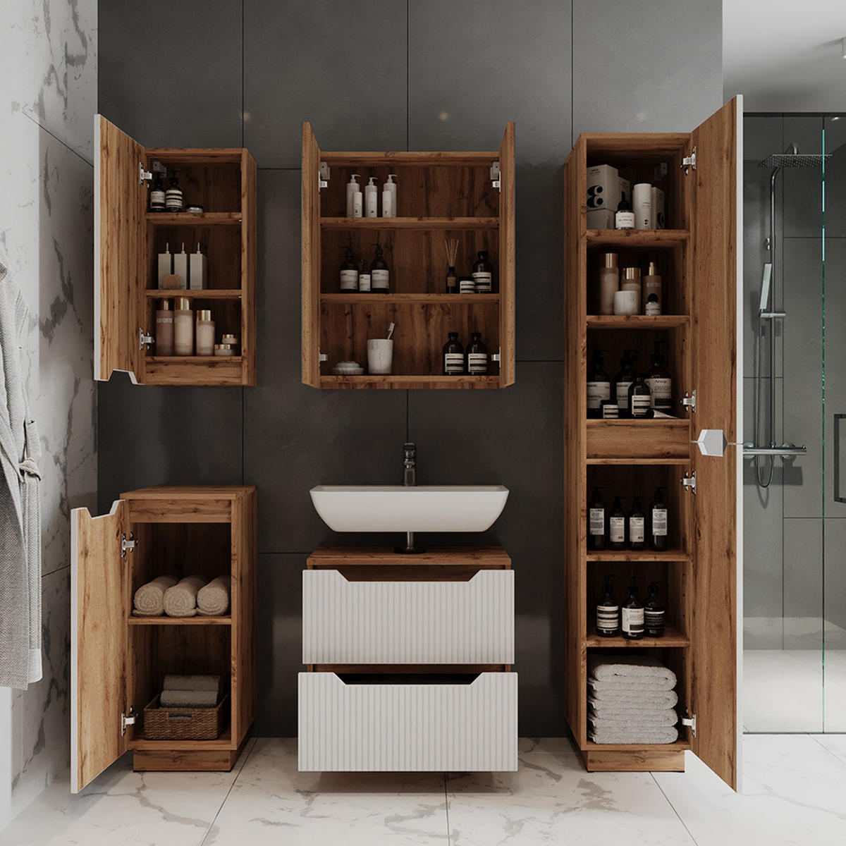 KOUPELNOVÝ NÁBYTEK Lotta Dub/bílý pruhovaný - bílá/barva dubu, kompozitní dřevo (58.9/62.5/32cm) - Vicco