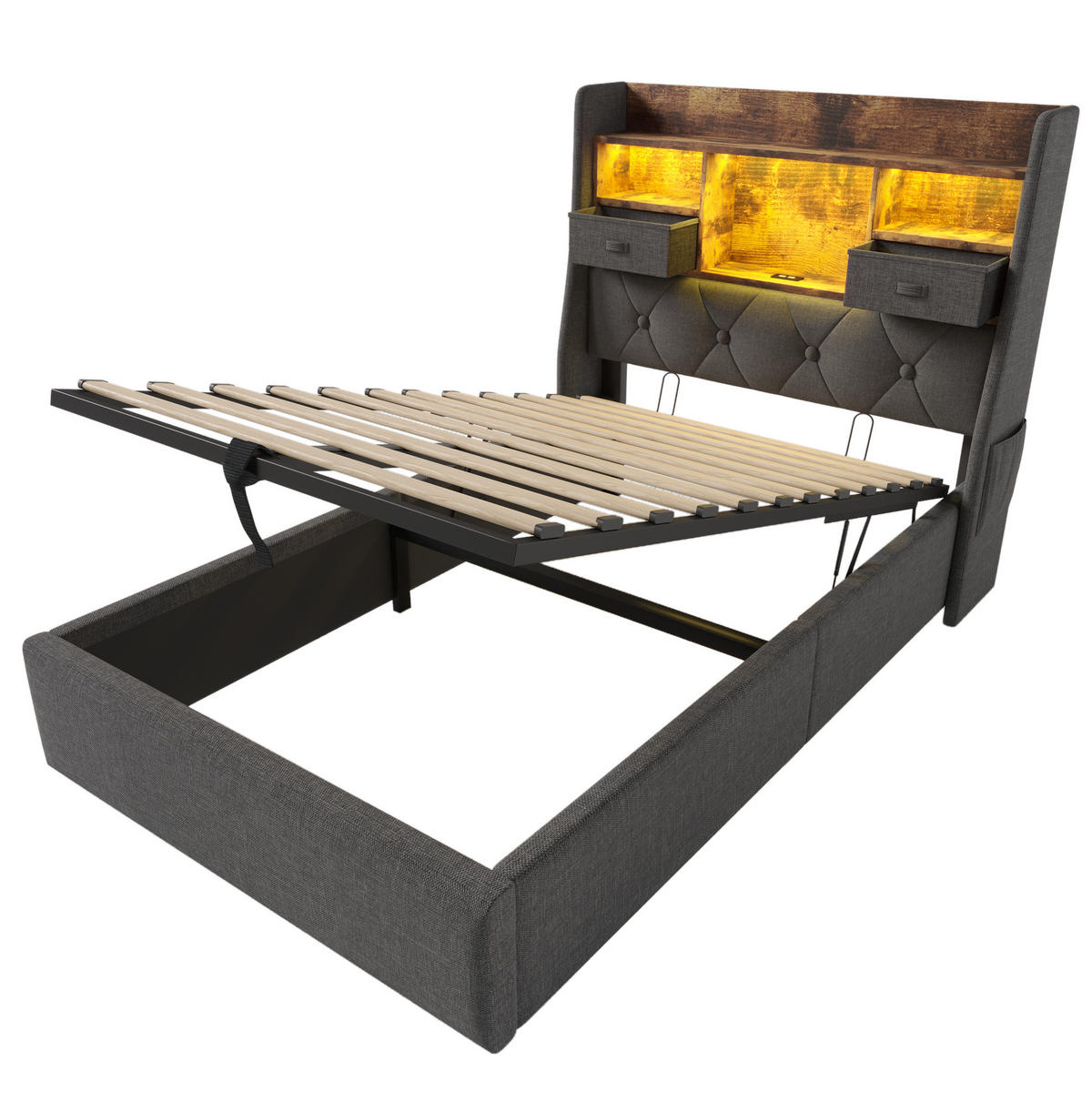 POLSTERBETT 90/200 cm grau aus Leinen mit LED und Stauraum - Grau, Textil (90/200cm) - OKWISH