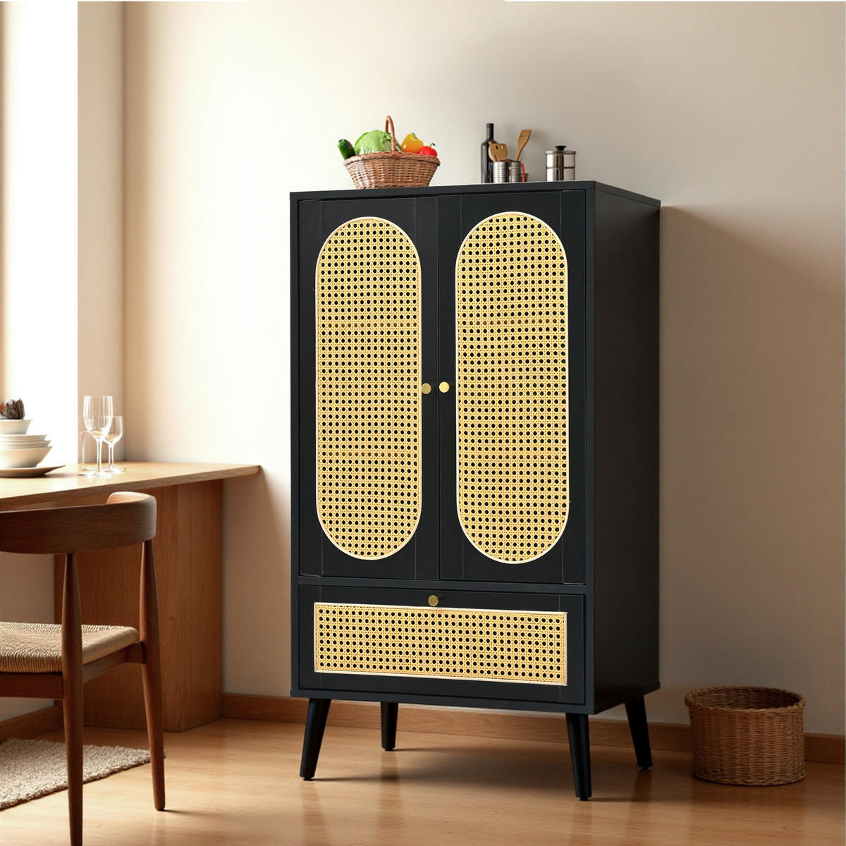 HIGHBOARD Aus Rattan Schwarz 60/40/110,5 cm - Schwarz, Holzwerkstoff/Metall (40/110.5/60cm) - Urban Meuble
