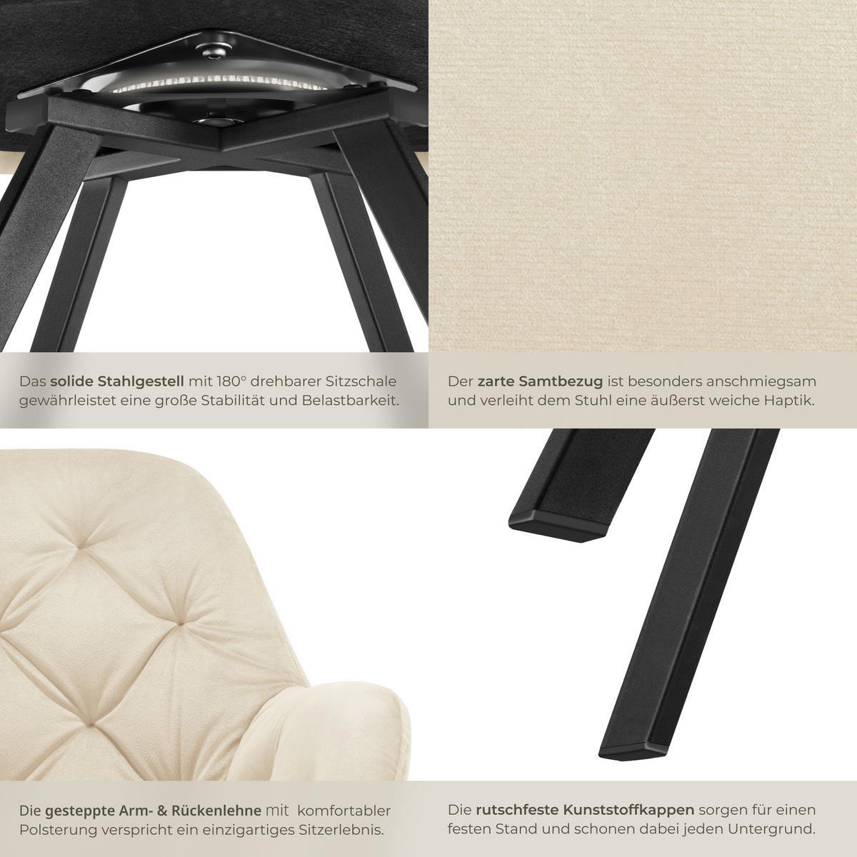 ARMLEHNSTUHL Samt Drehbarer Lucia 58 x 58 x 87 cm creme - Creme, Kunststoff (58/87/58cm) - tectake