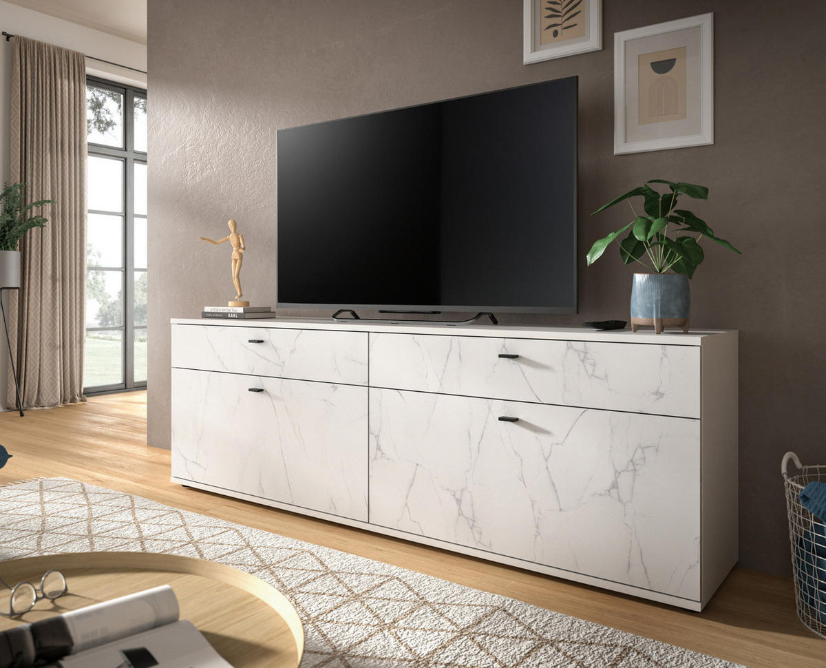 TV-LOWBOARD weiß Marmor 180 cm, TV-Unterteil in Komforthöhe - Schwarz/Weiß, Holzwerkstoff/Kunststoff (180/62/40cm) - Inn.Furn