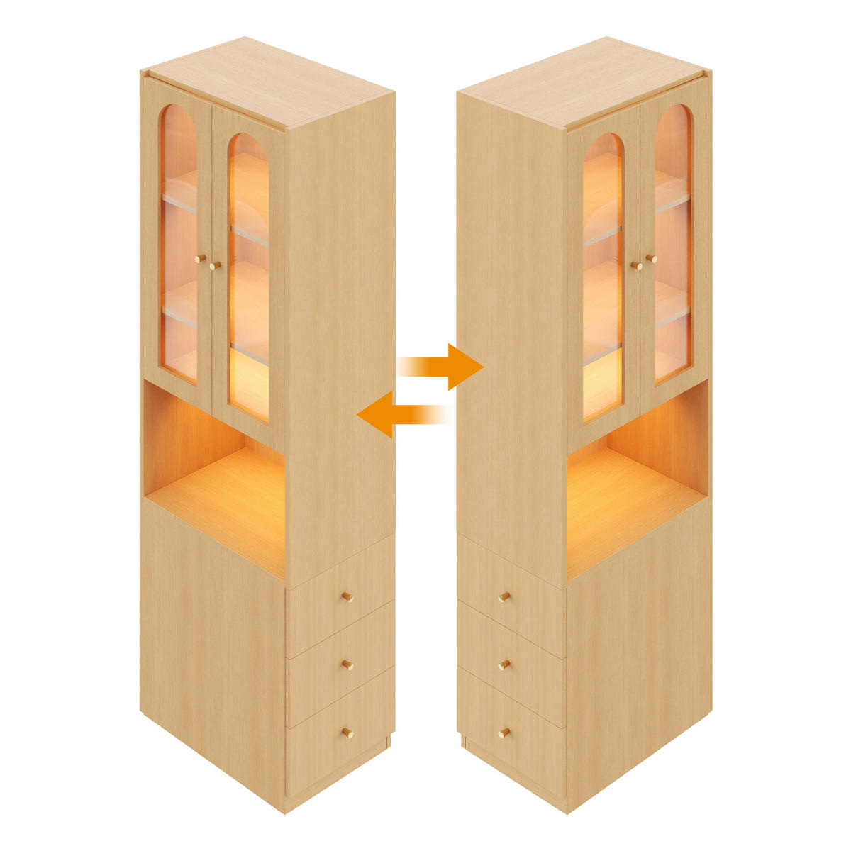 VITRINE in Eichefarben Hochschrank ,mit seitlichen Schubladen, LED-Vitrine aus gehärtetem Glas , B60/T40/H200cm - Eichefarben, Glas/Holzwerkstoff (60/200/40cm) - STILVORA