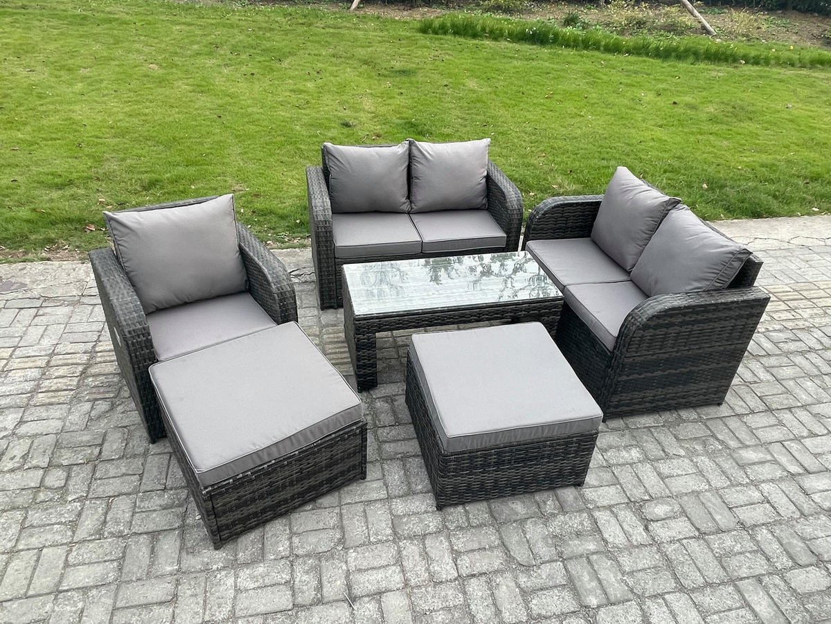 GARTENMÖBEL SET mit Sofa Polyrattan 7-Sitzer Dunkelgrau - Dunkelgrau/Grau, Glas/Kunststoff - Fimous