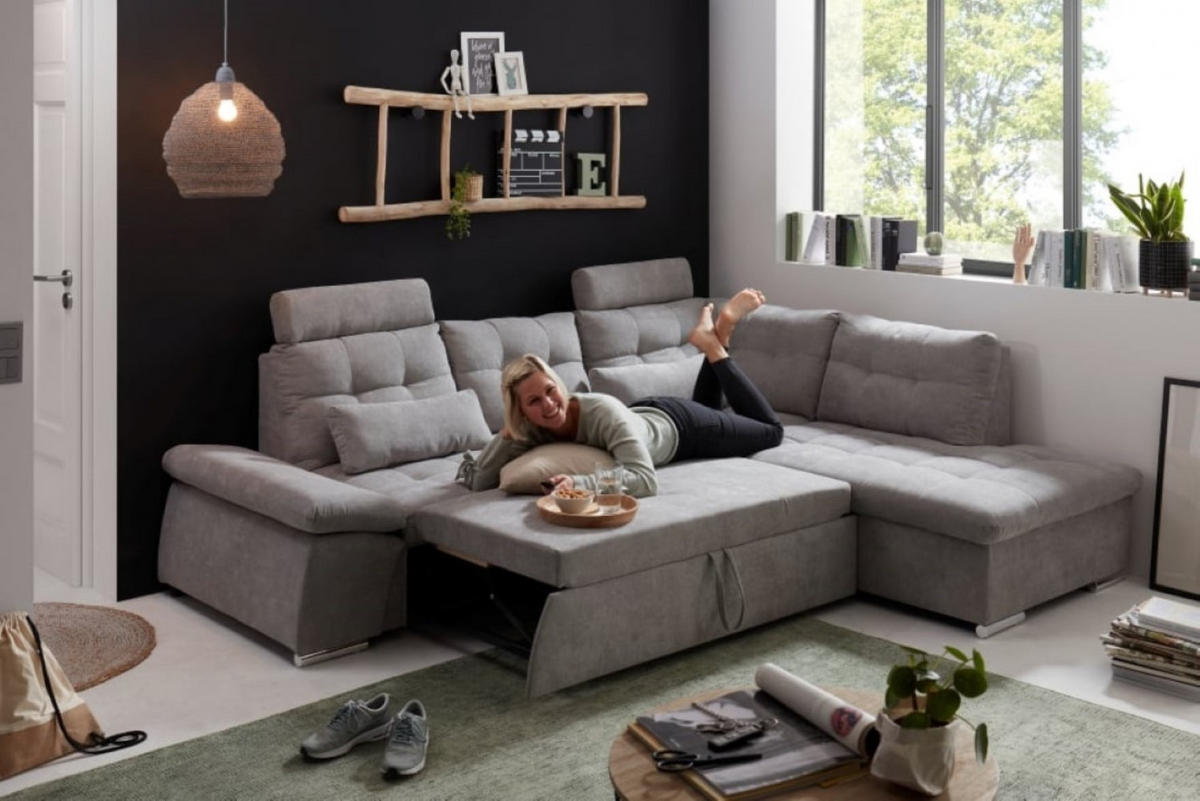 ECKSOFA mit Schlaffunktion, Bettkasten und verstellbarer Armlehne - Chromfarben/Schlammfarben, Textil (219/260cm) - ed exciting design