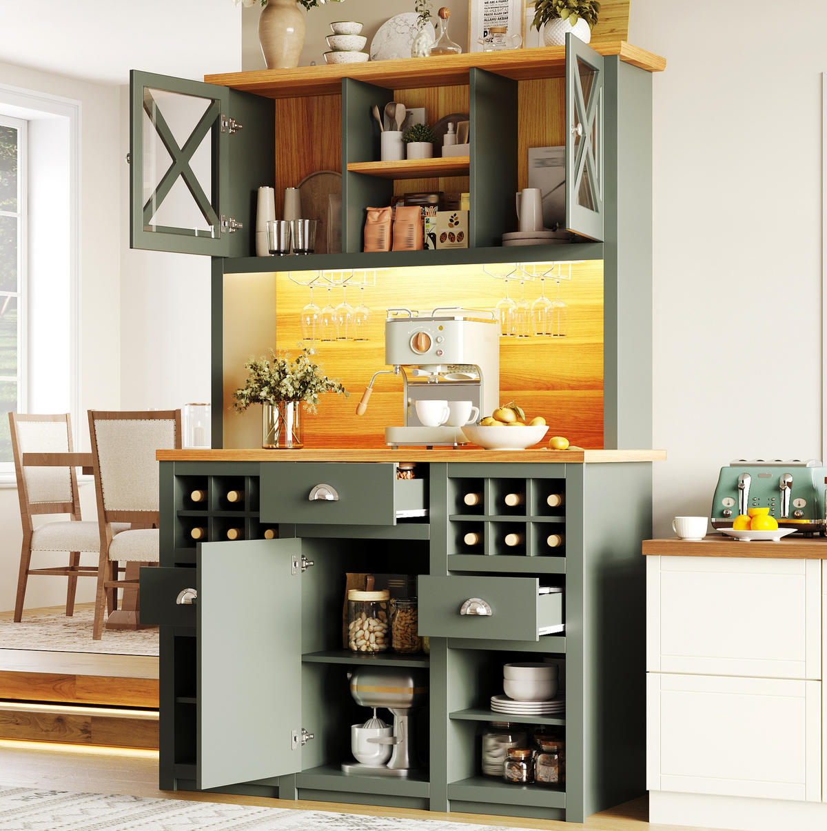 BUFFET 120/45/188 cm aus MDF und Glas mit LED-Beleuchtung & Steckdosen Antikgrün - Dunkelgrün, Holzwerkstoff (120/188/45cm) - Modenvie