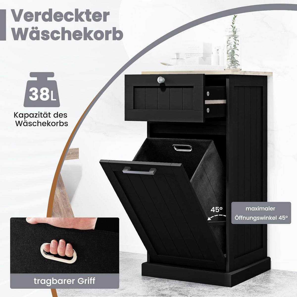 WÄSCHESCHRANK mit Wäschekorb Schwarz - Schwarz, Holzwerkstoff (40/82/37cm) - COSTWAY