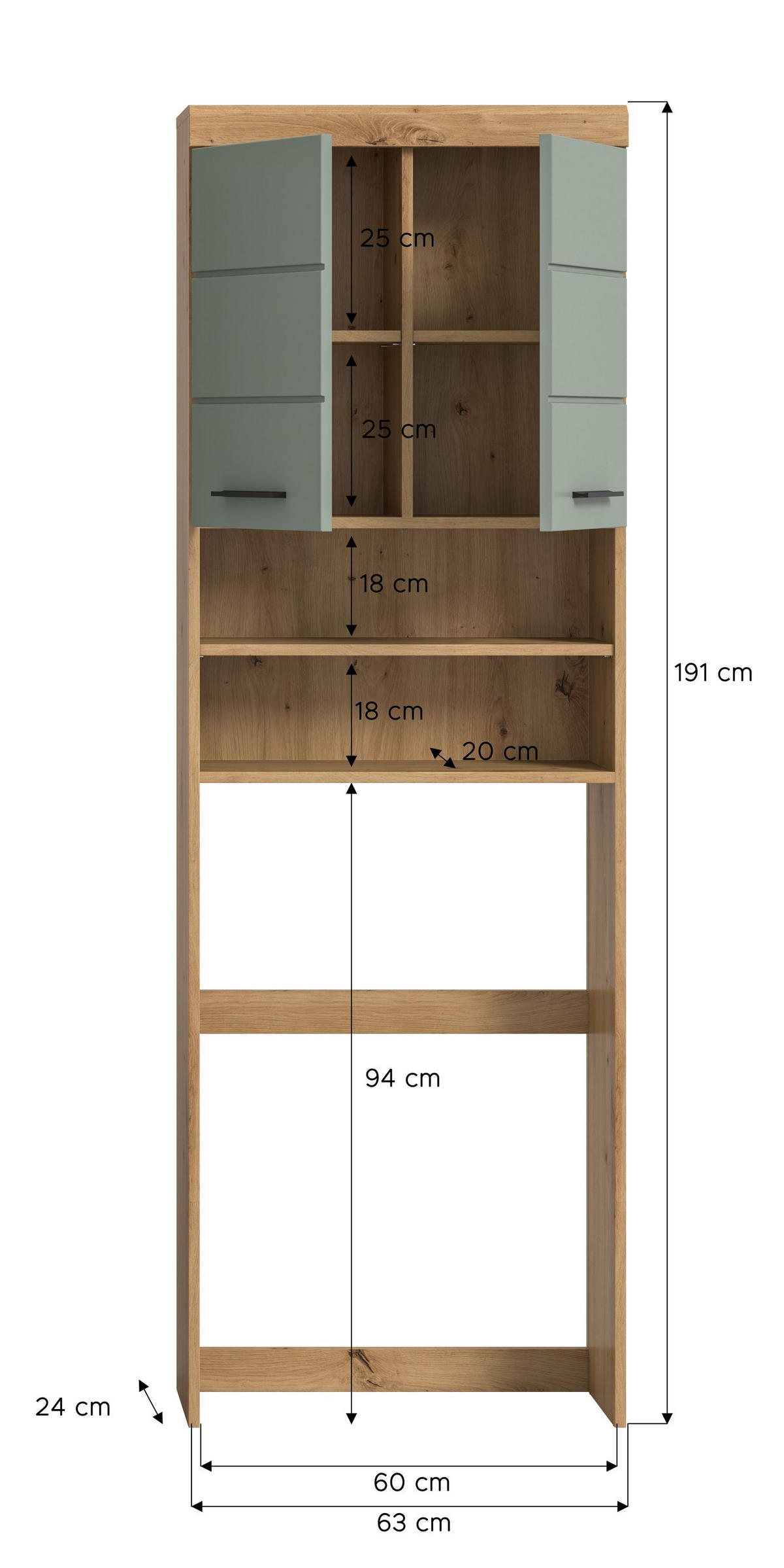 WASCHMASCHINENÜBERBAU Vento Bad in Artisan Eiche Nb. und Salbei Nb. B/H/T: 63x191x24 cm - Eiche Artisan, Holz (63/191/24cm)