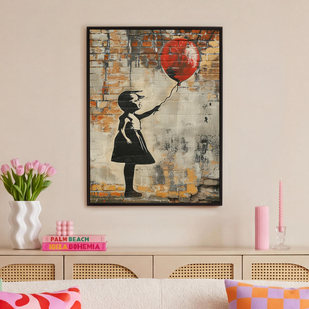 LEINWAND Bilder mit Rahmen - Graffiti - Banksy - Mädchen - Straßenkunst - 70x100 - Sandfarben, Textil (70/100cm) - MuchoWow