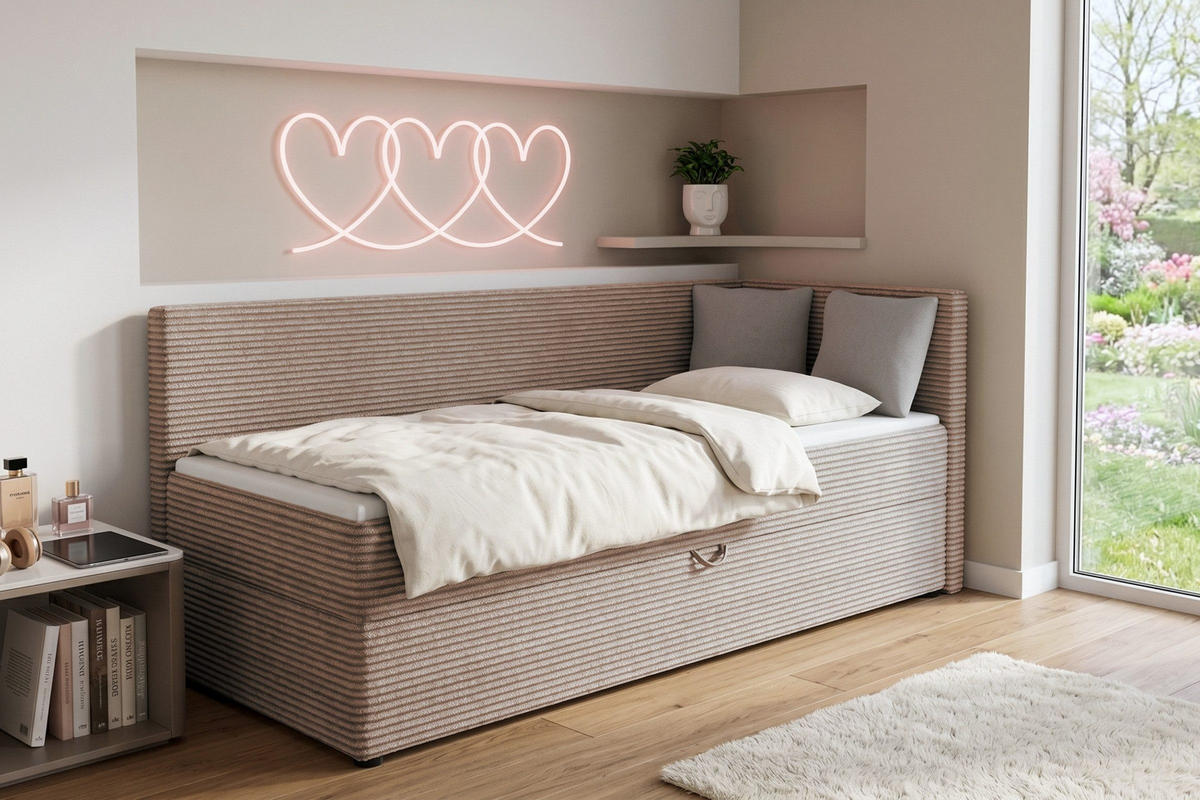 BOXBETT ROBERTO 100/200 in Cord Beige H4 rechts - Beige, Holz/Holzwerkstoff (100/200cm) - Deine Möbel 24