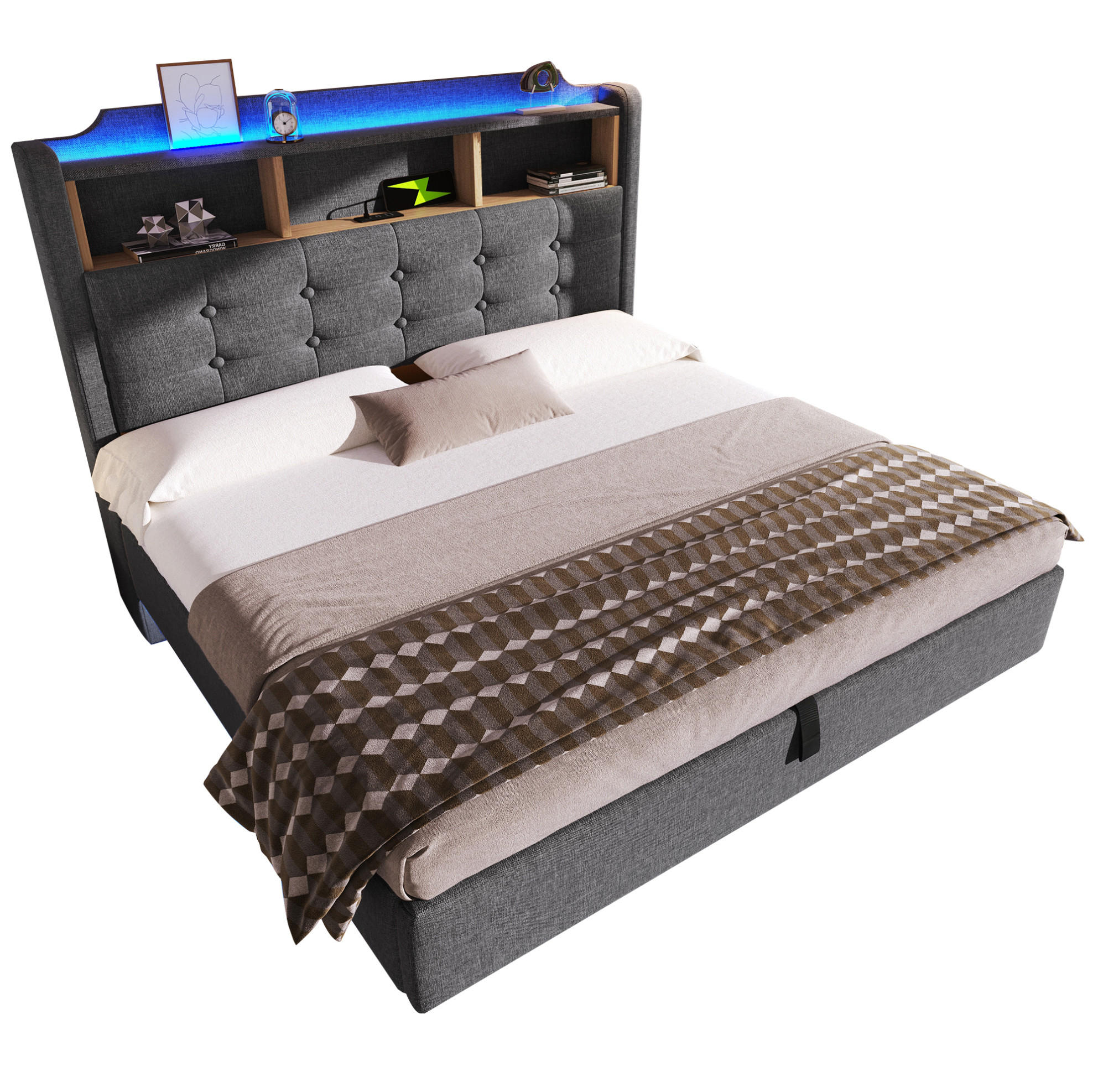 Redom ČALOUNĚNÁ postel 140/200 cm s LED osvětlením, USB a USB-C, hydraulickým úložným prostorem, Šedá