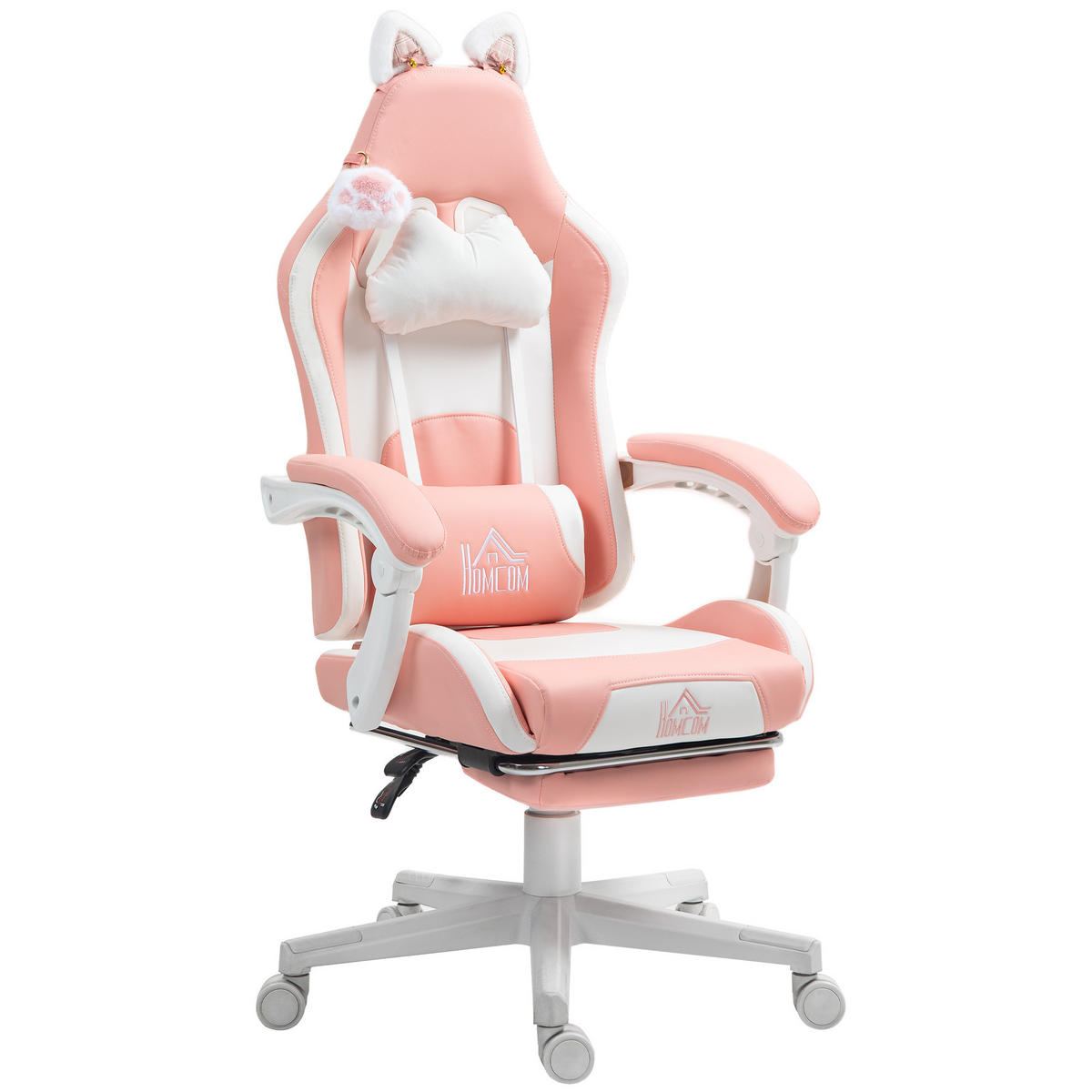 GAMINGSTUHL DE-05028 Mit Katzenohren, neigbarer Lehne & Fußstütze Rosa/Weiß - Rosa, Metall (62/124/65cm) - ComfortXL