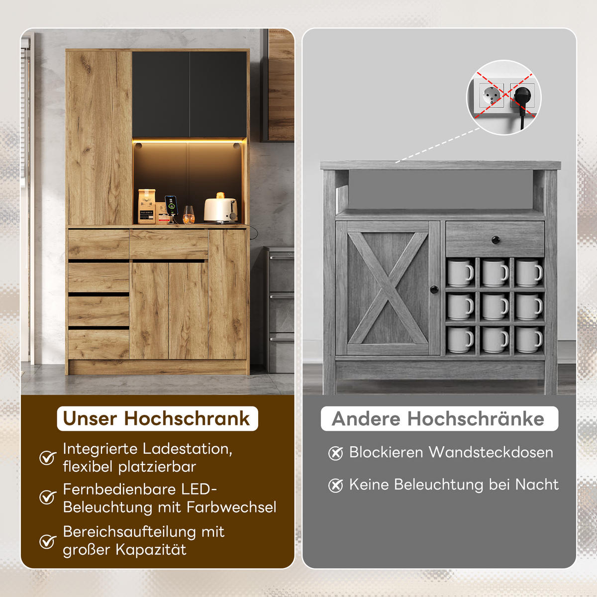 BUFFETSCHRANK schwarz-natur aus MDF mit App-Farbwechsel-LED und integrierter Steckdosenleiste 105 × 40 × 185 cm - Naturfarben, Holzwerkstoff (105/185/40cm) - Luhomfu
