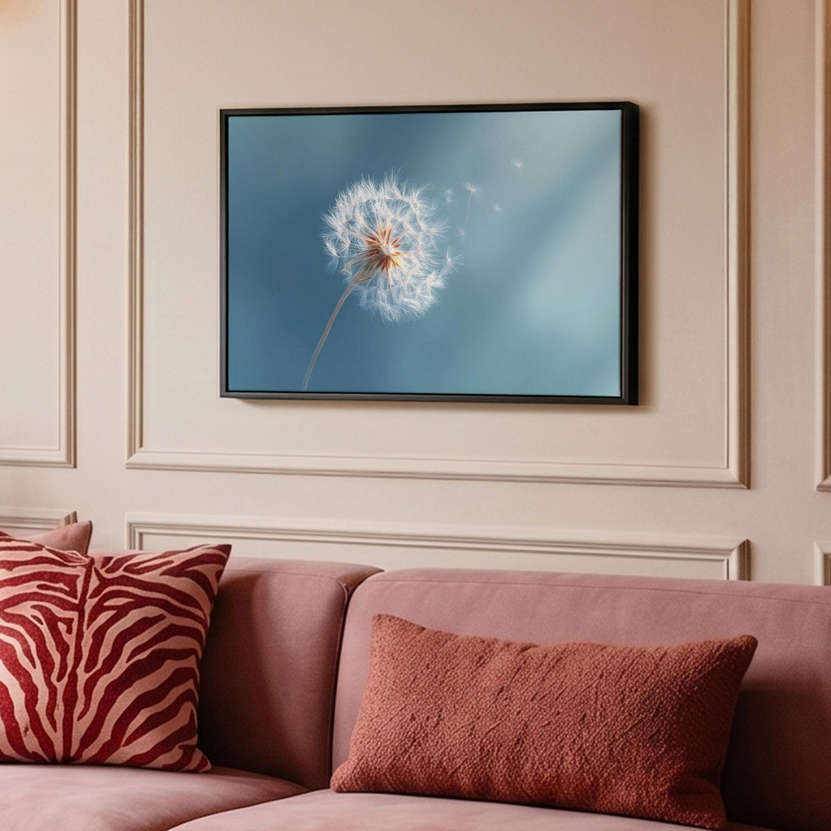 LEINWAND Bilder mit Rahmen - Löwenzahn - Wind - Blau - 60x40 - Blaugrau, Textil (60/40cm) - MuchoWow