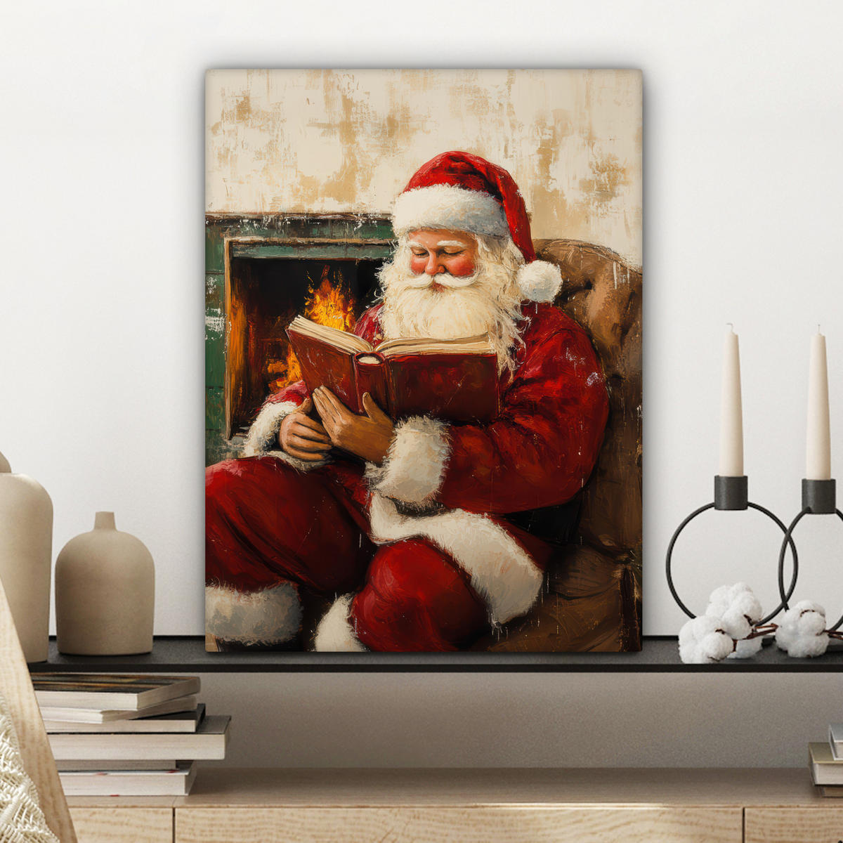 LEINWANDBILD Weihnachten - Weihnachtsmann - Winter - Open Fireside 30x40 cm - Dunkelrot, Textil (30/40cm) - MuchoWow