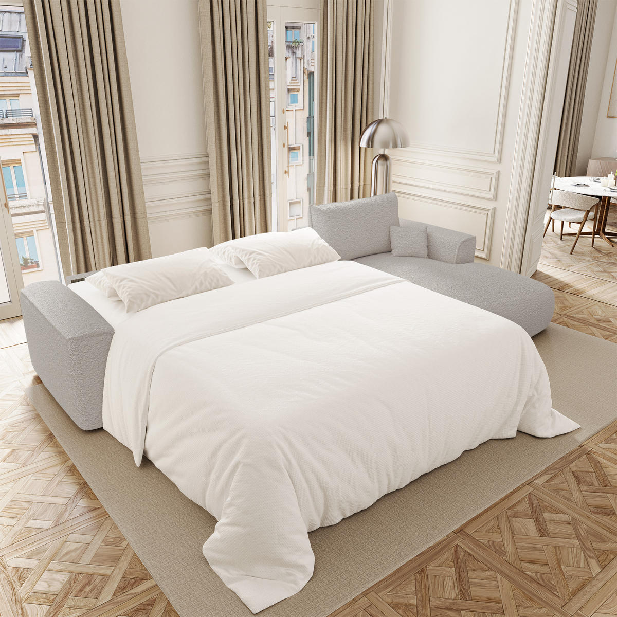 ECKSOFA rechtwinklig COMO Bouclé-Stoff Hellgrau 300cm - Hellgrau/Grau, Textil (300/165cm) - Premium Interiors